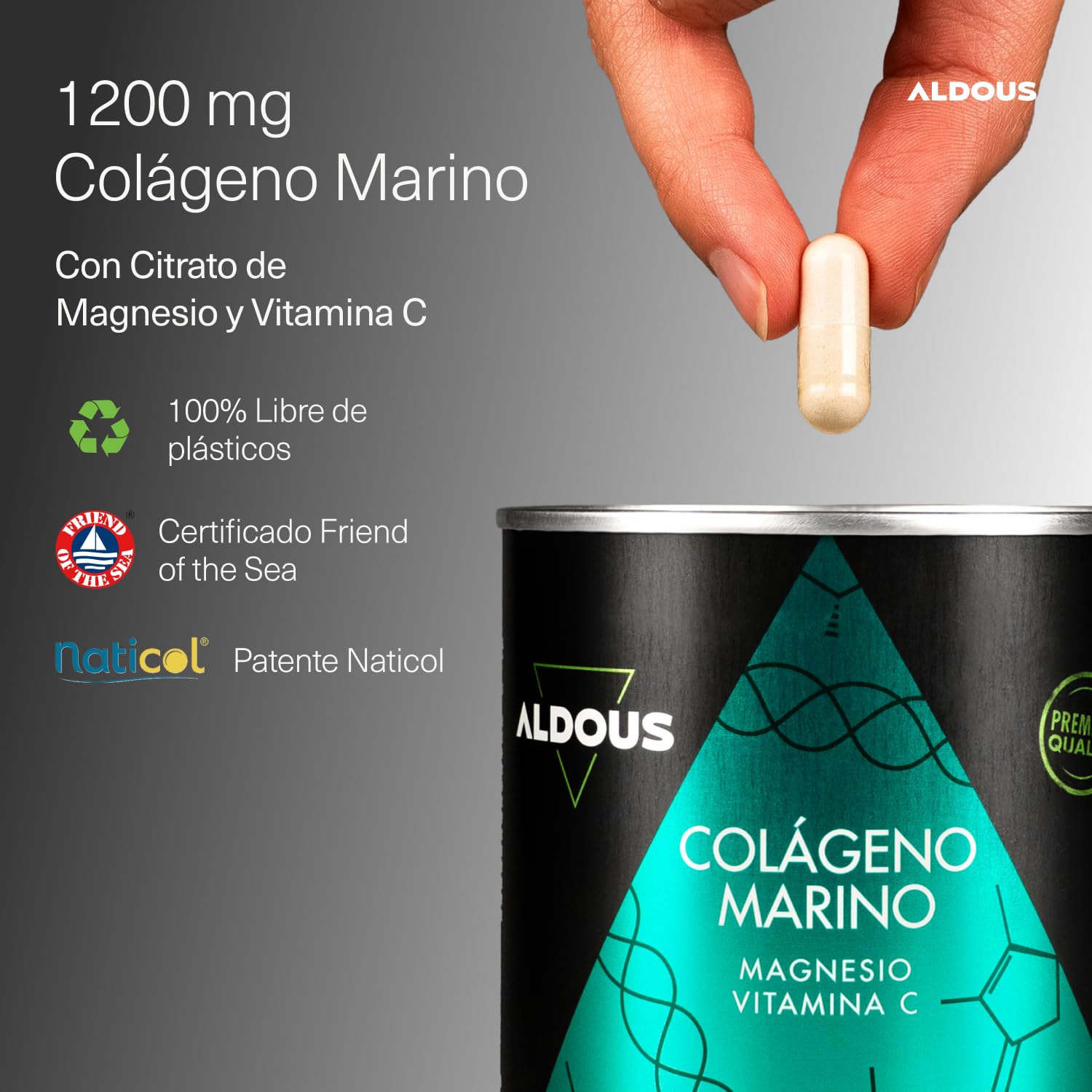 Colágeno Hidrolizado Puro con Magnesio y Vitamina C - 200 Cápsulas - Colágeno Marino Hidrolizado Naticol - Cabello, Piel y Uñas - Huesos y Articulaciones - Colageno con Magnesio - ALDOUS