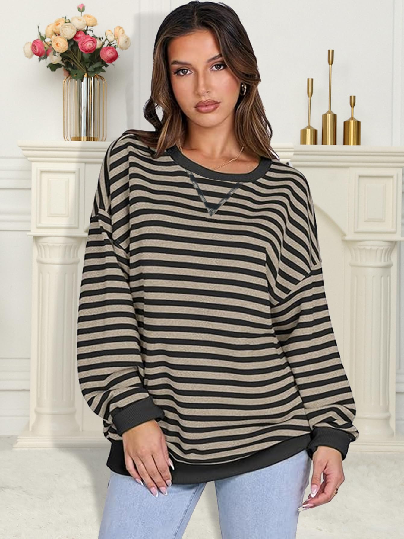Sudadera a rayas de gran tamaño para mujer, manga larga, cuello redondo, moda de otoño 2026, ropa Y2K — view 4