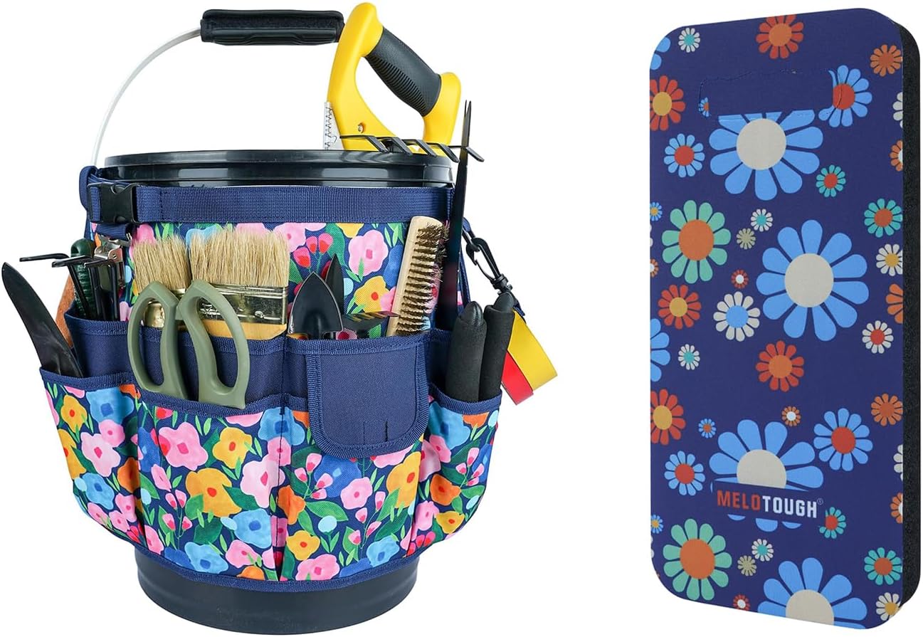 MELOTOUGH Bucket Caddy Organizer Bucket Tool Organizer for Garden Tools Fit 3.5 to 5 Gallon Bucket, Garden Kneeling Pad, 1" Thick Soft NBR Foam Kneeling Pads for Gardening, Cleaning, Work (Blue Flower