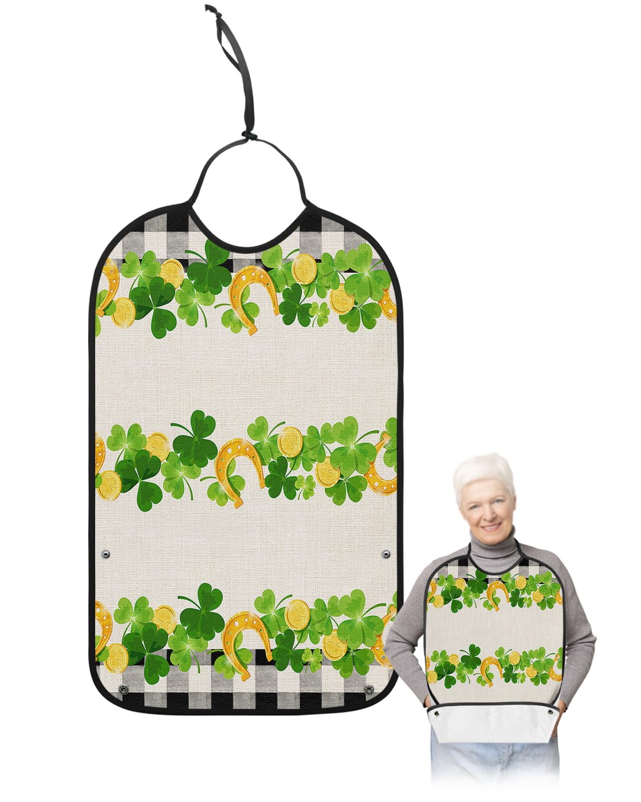 St. Patrick's Day Adult Bibs for Eating, Waterproof Bibs with Food Catcher & Adjustable Snap Closure, Green Clover Gold Horseshoe Black White Checkered Clothing Protectors Adult Bibs for Elderly