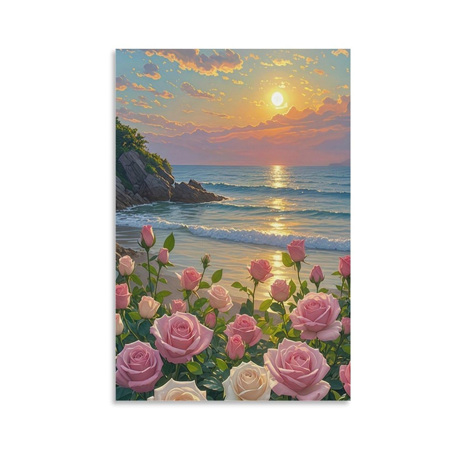 Sunset Beach RosesPaint by Numbers for Adults, Painting Kits for Beginners On Clear Symbols Colored Canvas, Easy DIY Acrylic Pigment Drawing Paintwork for Home Wall Decor, 30x30cm