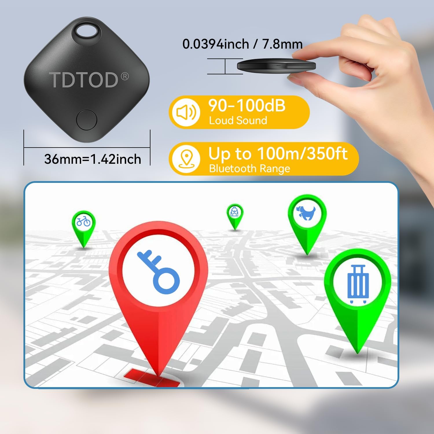 TDTOD LocaTag specifications: 36mm (1.42 inch) dimensions, 90-100dB loud sound, and up to 100m/350ft Bluetooth range.