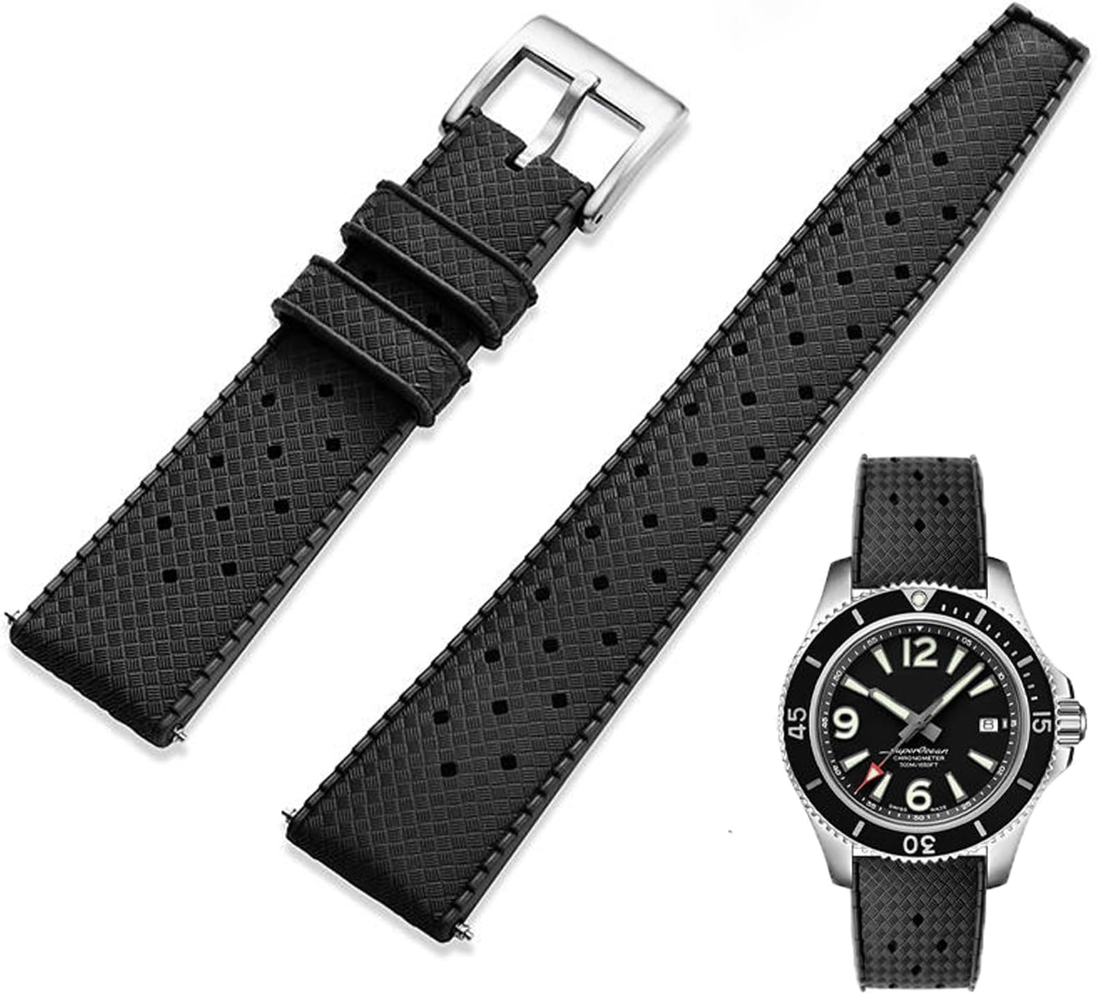 Fluororubber Watch Strap with Quick-Release Fastener, Tropical Style, Soft FKM Rubber Strap for Watches, Universal Replacement Strap, 18mm, 20mm, 22mm, Men and Women