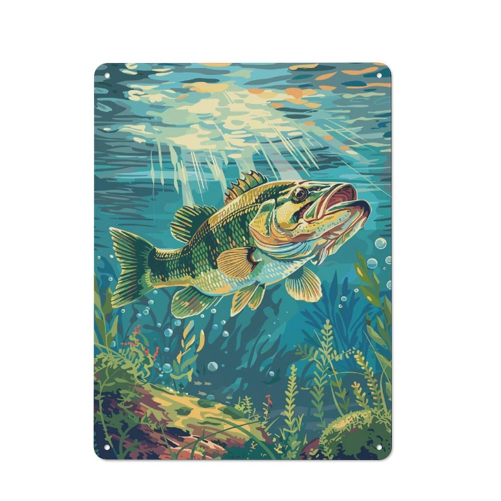Bass Fish Underwater Vintage Metal Wall Decor 40x30cm, Tin Sign for Cafe, Pub, Workshop Or Home Bar, Small Accent for Blank Walls