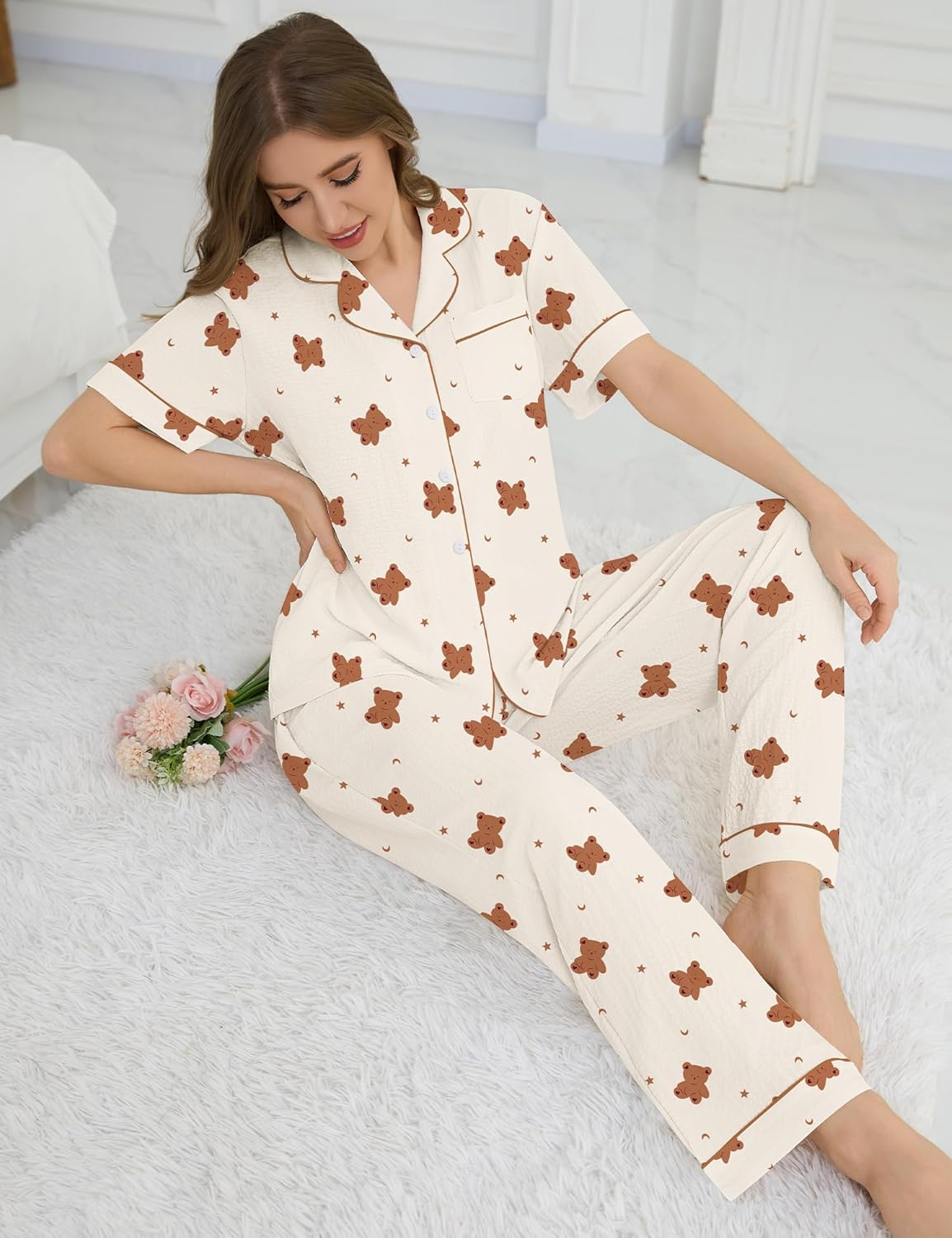 SWOMOG Women's 2 Piece Pajama Sets Shorts Sleeve Pajamas Cute Pj Set Lounge Matching Pjs Button Shirt with Long Pants - Image 5