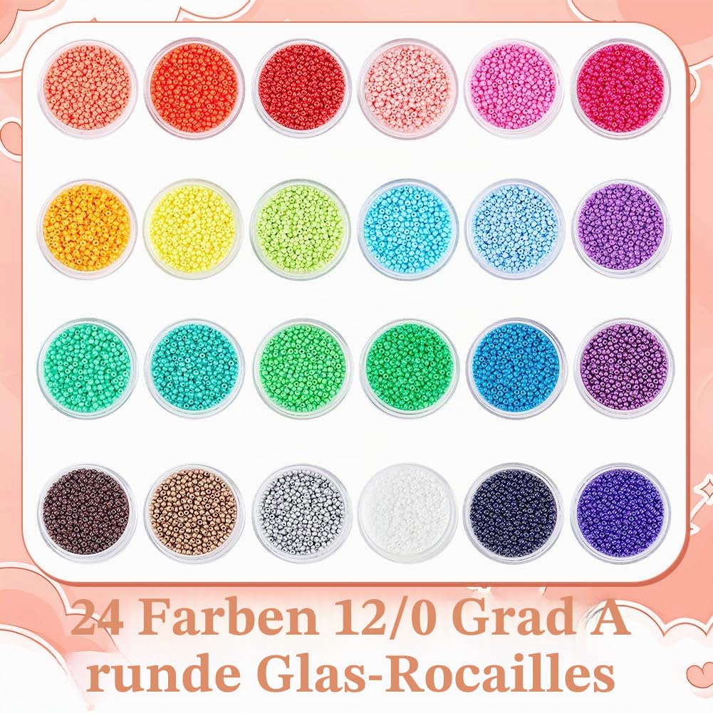 PandaHall 24000 Pcs 11/0 Mehrfarbige Perlen Glassamenperlen 24 Farben 2mm runde Ponyperlen Mini Spacer Perlen mit Behälter Box für Ohrring Armband Halskette Schmuck DIY Craft Making