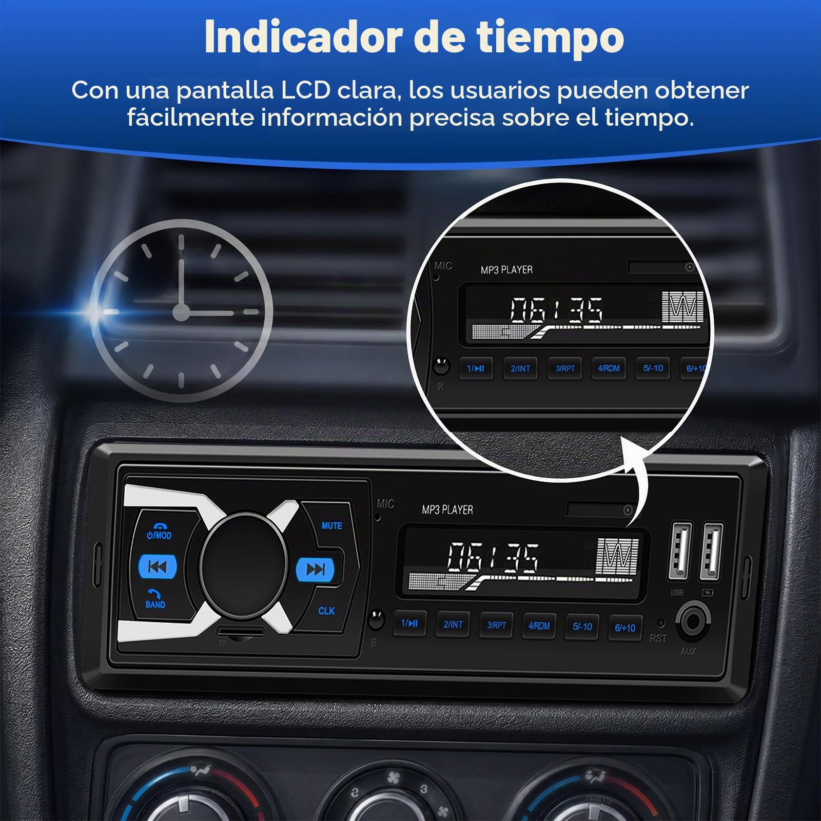 SIXTOP Dab Radio con Sistema Manos Libres Bluetooth Radio para Coche 1DIN con FM Radio/Pantalla de Reloj LCD, Reproductor de MP3 Radio 1DIN Admite Entrada AUX/RCA/Reproducción USB/Carga