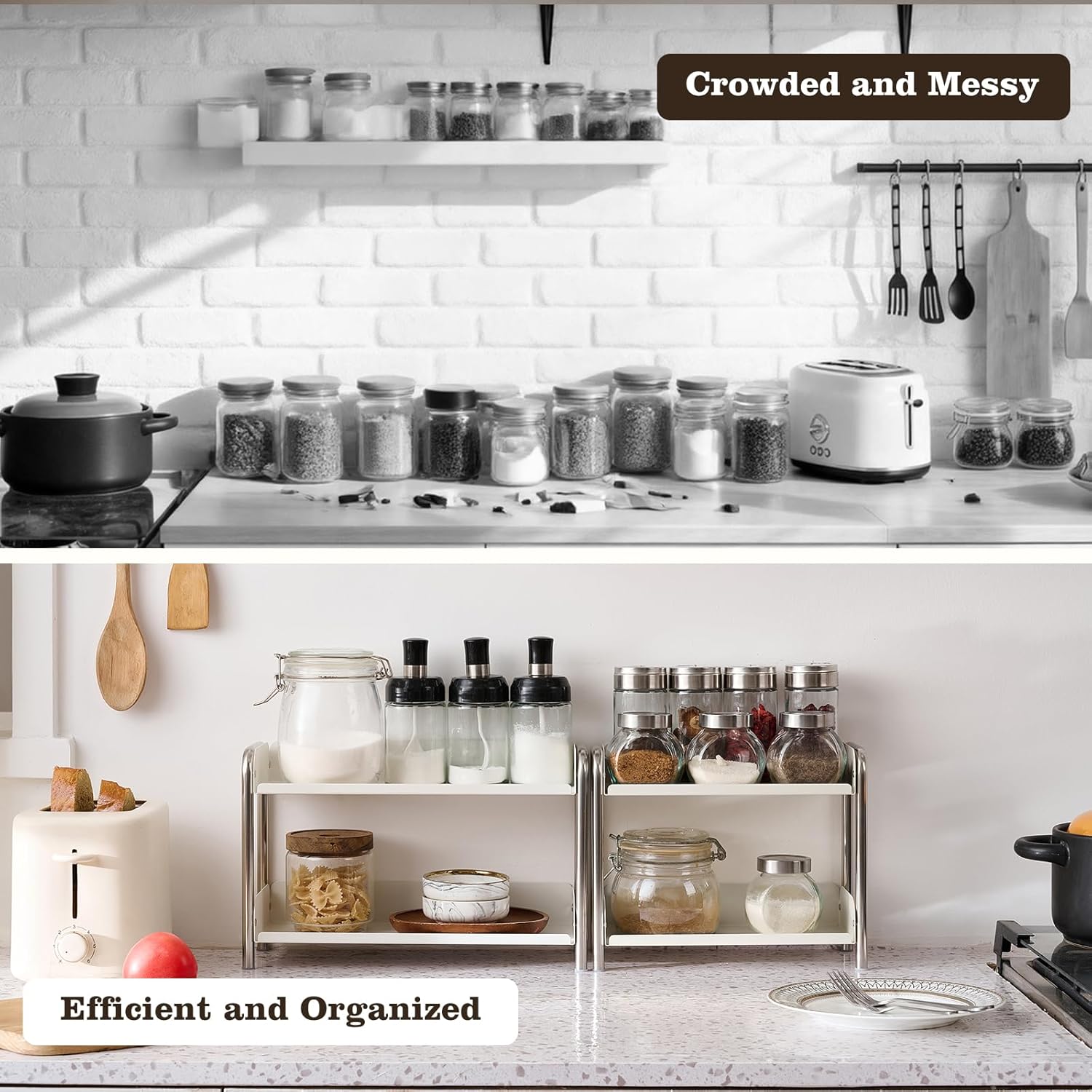 MOZIMABOX Cabinet Organizer Shelf, 2 Tier Kitchen Spice Rack Countertop Shelf Organizer, Stainless Steel Kitchen Storage Countertop Storage Shelf Container, (S, White)