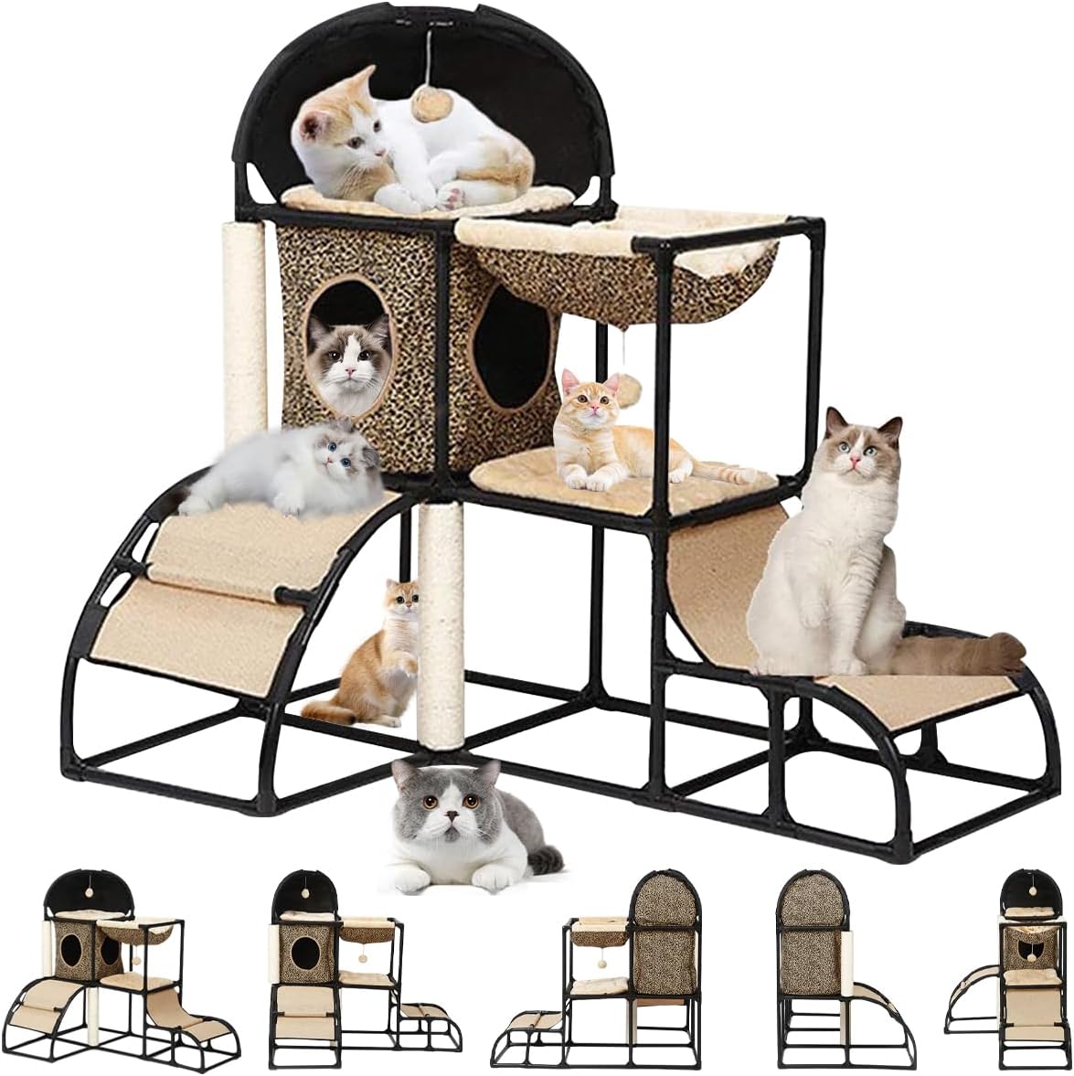 AzzmaAii Cat Tree Super Stable Cats Tower House Furniture with Scratching Posts Hammock Cat Bed,Dangling Toy,Climber,Peek Holes,Jungle Extra Thick Plastic Tube,Comfortable Flannel (Brown)