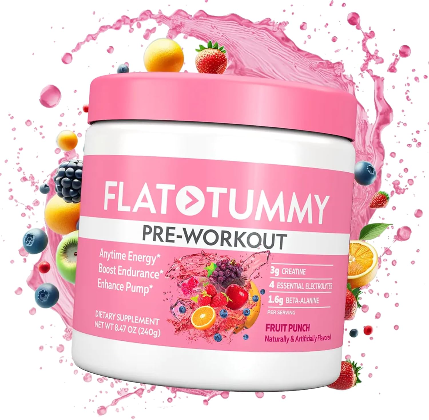 Flat Tummy Pre Workout Powder for Women – Energy, Endurance, and Muscle Support with 3g Creatine, 1.6g Beta-Alanine, Electrolytes – Fruit Punch Flavor – 30 Servings