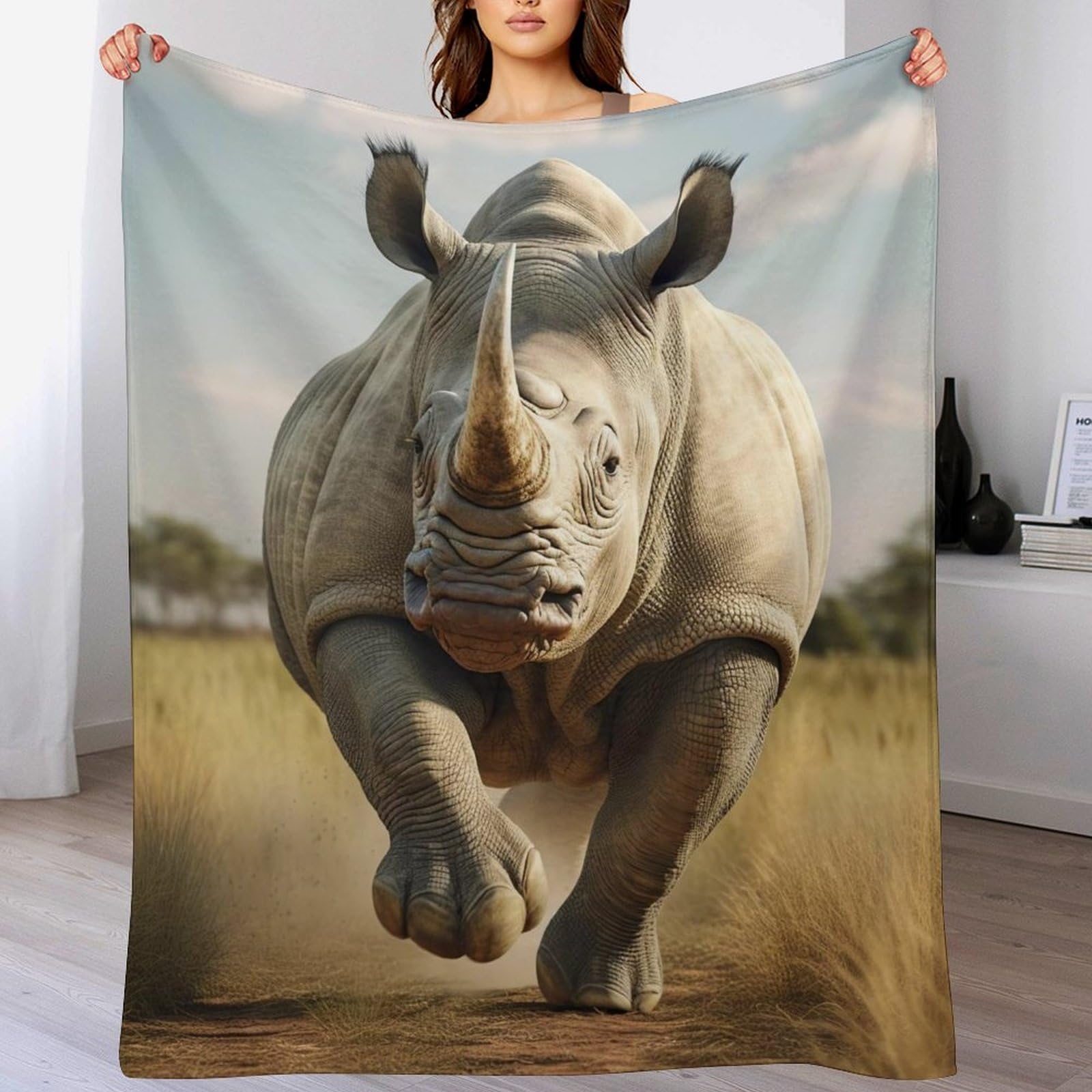 Couverture en flanelle imprimée rhinocéros, plaid doux haut de gamme pour lit et sofa