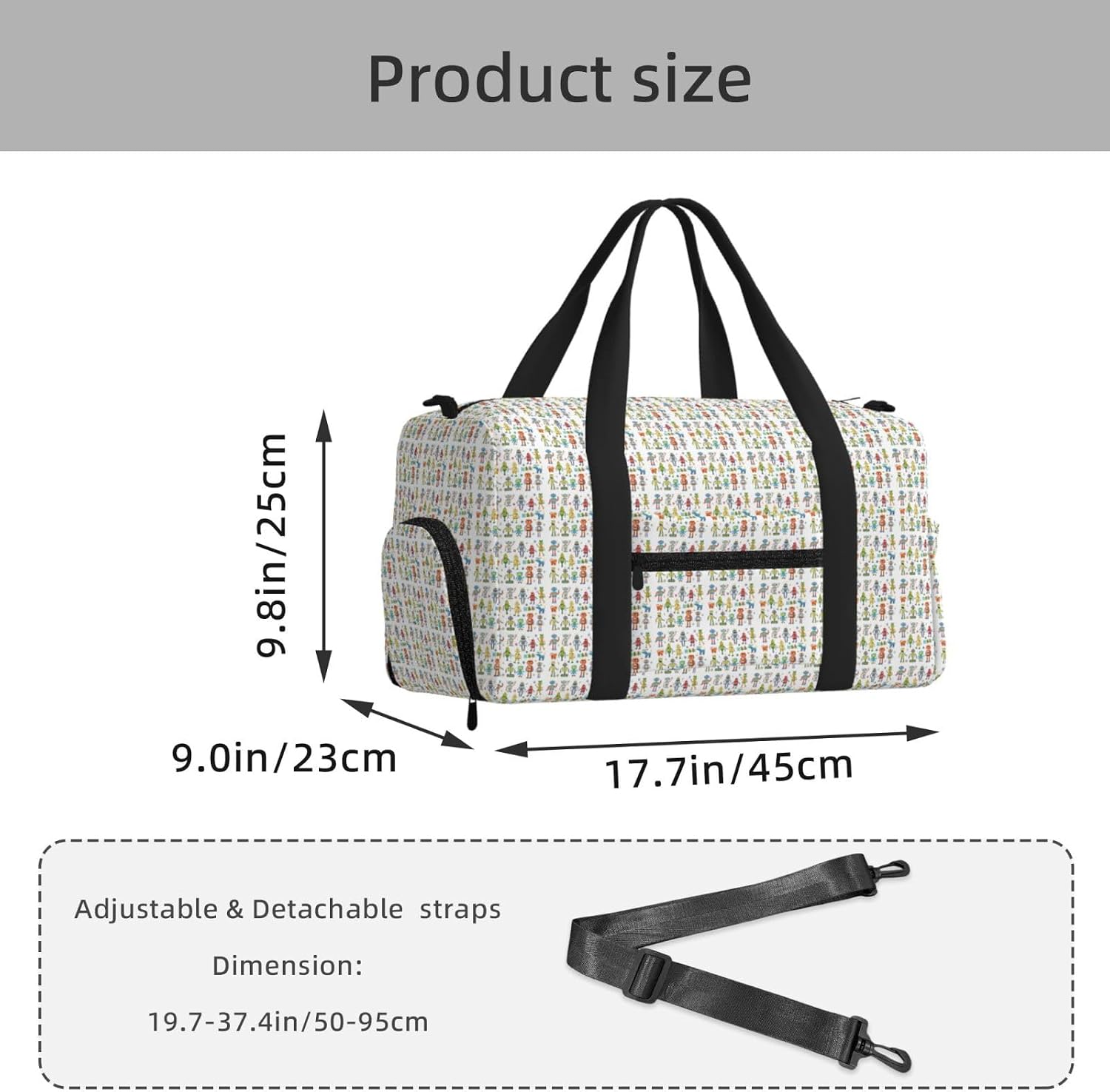 Cute Cartoon Robots Print Handheld Sports Luggage Unisex Crossbody Bag Travel Weekend Fitness Workout image 3