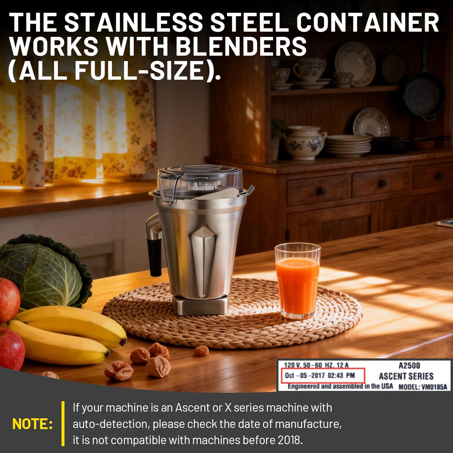 64oz Stainless Steel Container for Vit Blender Pitchers, Compatible with Vit 5200 A3500 750 X5 E320 Stainless Steel Containers. BPA-Free, Durable