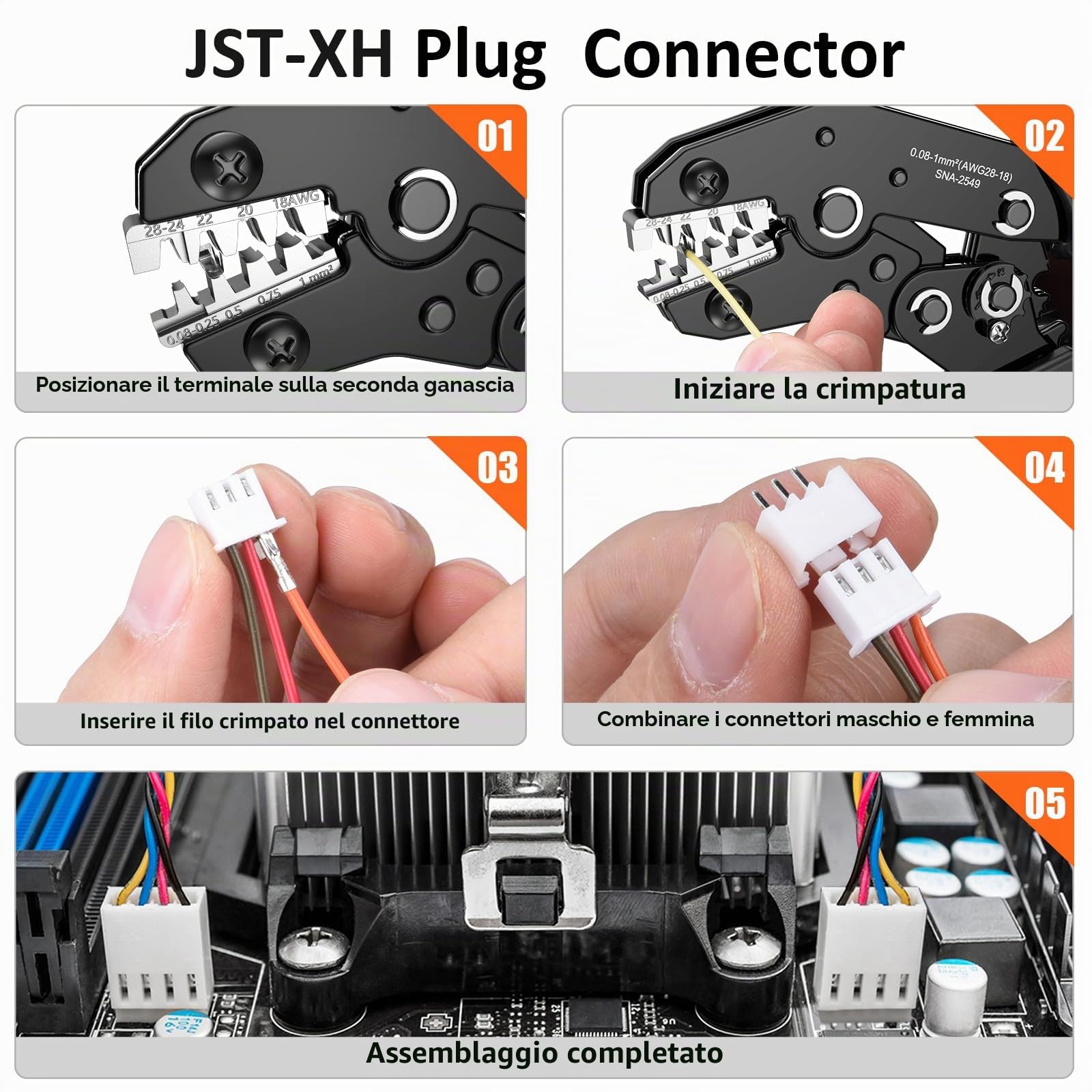 Preciva Kit di pinze per crimpare DuPont,comprendente 1350 connettori da 0,08-1mm² per connettori a pin JST PH/YH 2,0 mm, XH/C3-R 2,54 mm,JST/Molex IDE(5559)/ATX(5557) ecc
