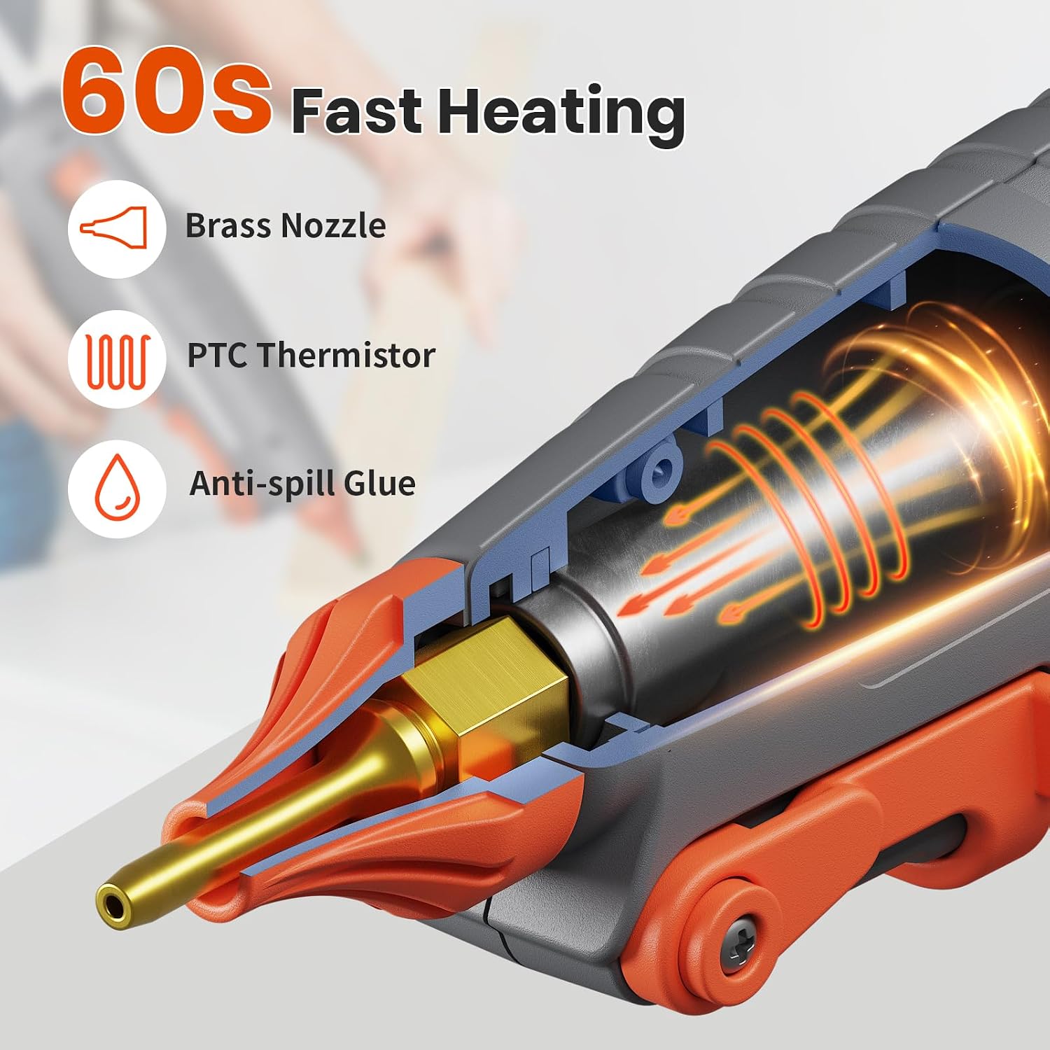 Diagram illustrating the 60-second fast heating mechanism of the hot glue gun, showing the brass nozzle, PTC thermistor, and anti-spill glue feature.