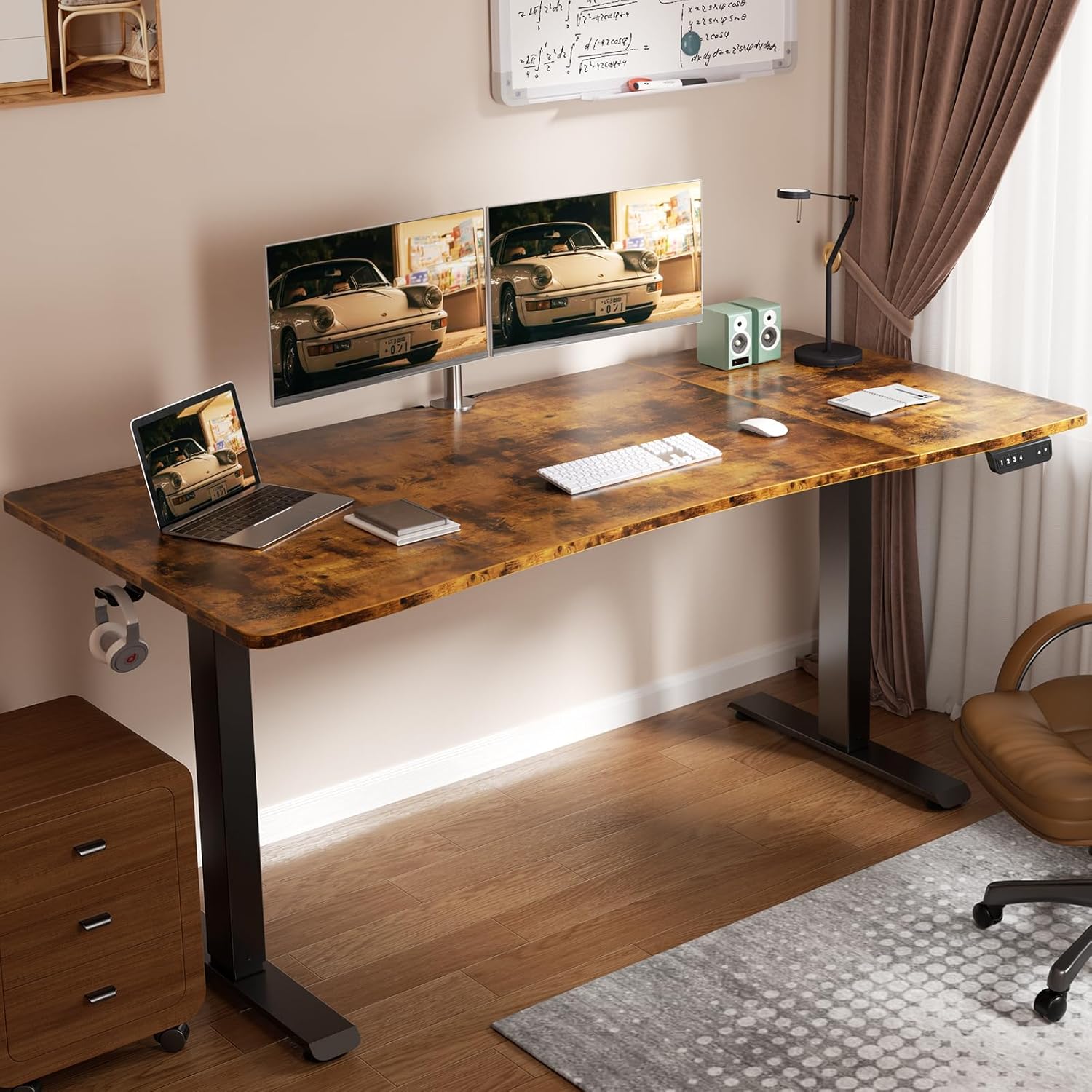 veken 63 x 28 inch electric standing desk with adjustable height, sit to stand computer table for study, work or gaming, home office desk brown