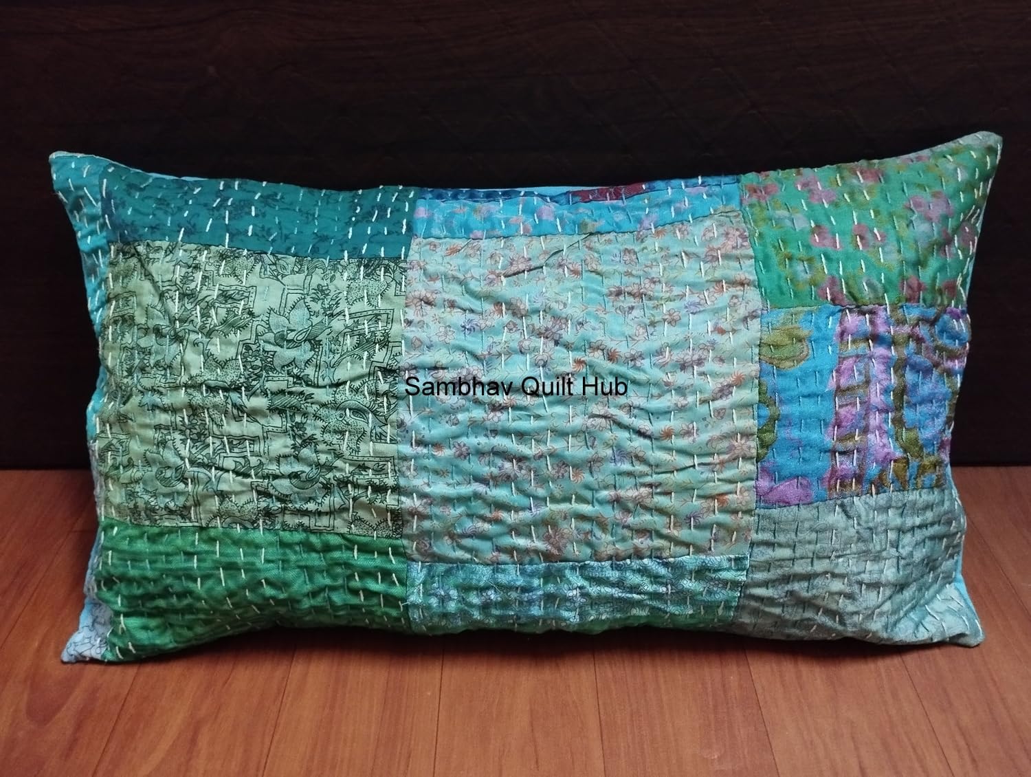 Handmade Vintage Silk Sari Patchwork Kantha Quilt Sofa Throw Vintage Home Decorative Lumbar Boho Throw Pillow Cover (Orange, 20X26 inch)