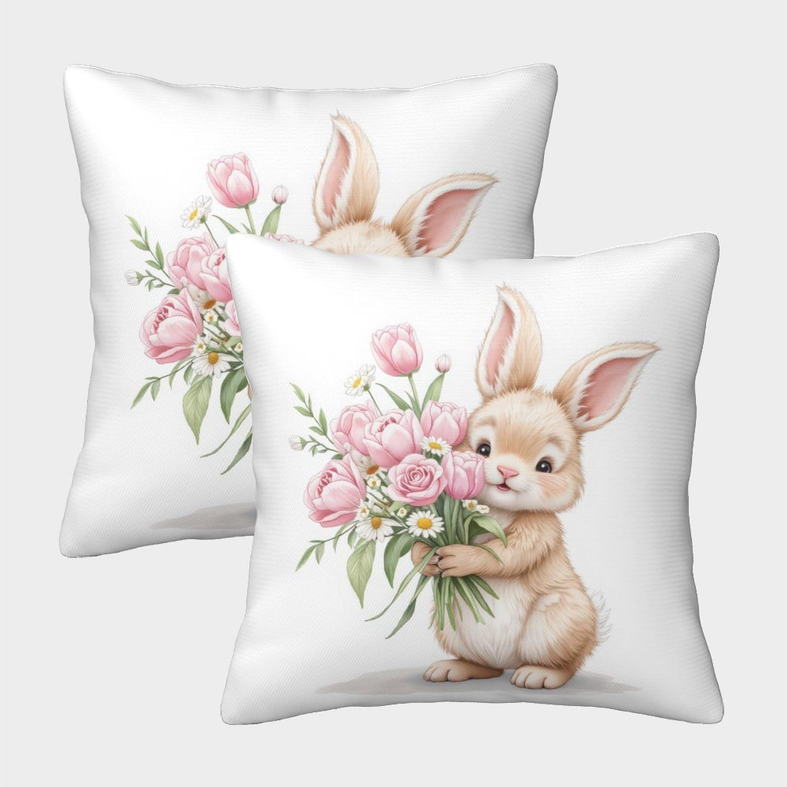 QFVANSIYO Cute Cartoon 3D Printed Bunny Bouquet Pillowcase Microfiber Bedroom Decor Floral Rabbit Pillow Cover for Adults Teens Home 40x40cm