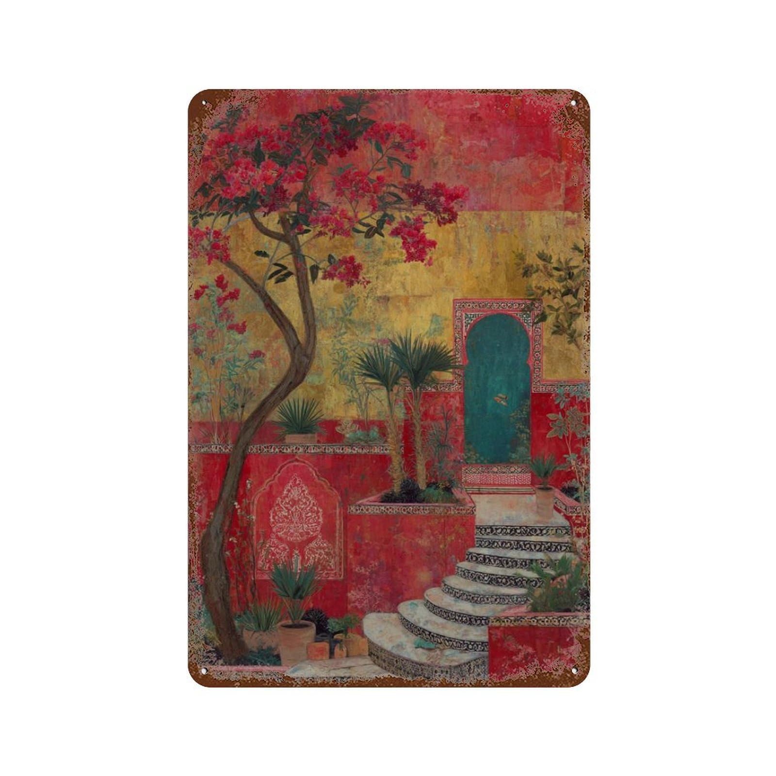 xiaoxiaoshen Moroccan Courtyard Mediterranean Garden Vibrant Bohemian Wall Decor Art Metal Tin Poster Modern Home Decor Art Home Bar Shop Decorations Vintage Sign 30x20cm