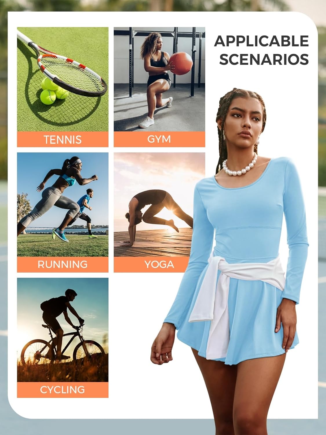 Fisoew Womens 2-in-1 Athletic Tennis Golf Dress Long Sleeve Underneath Workout Active Dresses with Built-in Shorts - Image 3