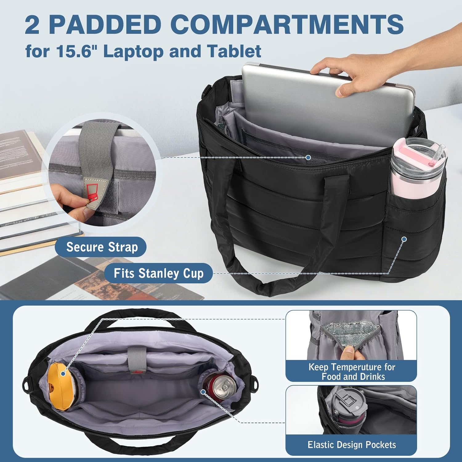RAINSMORE Tote Bag for Women with Cup Holder, Puffer Work Bag, 15.6 inch Quilted Laptop Handbag for Work, Travel, Teacher - Image 4