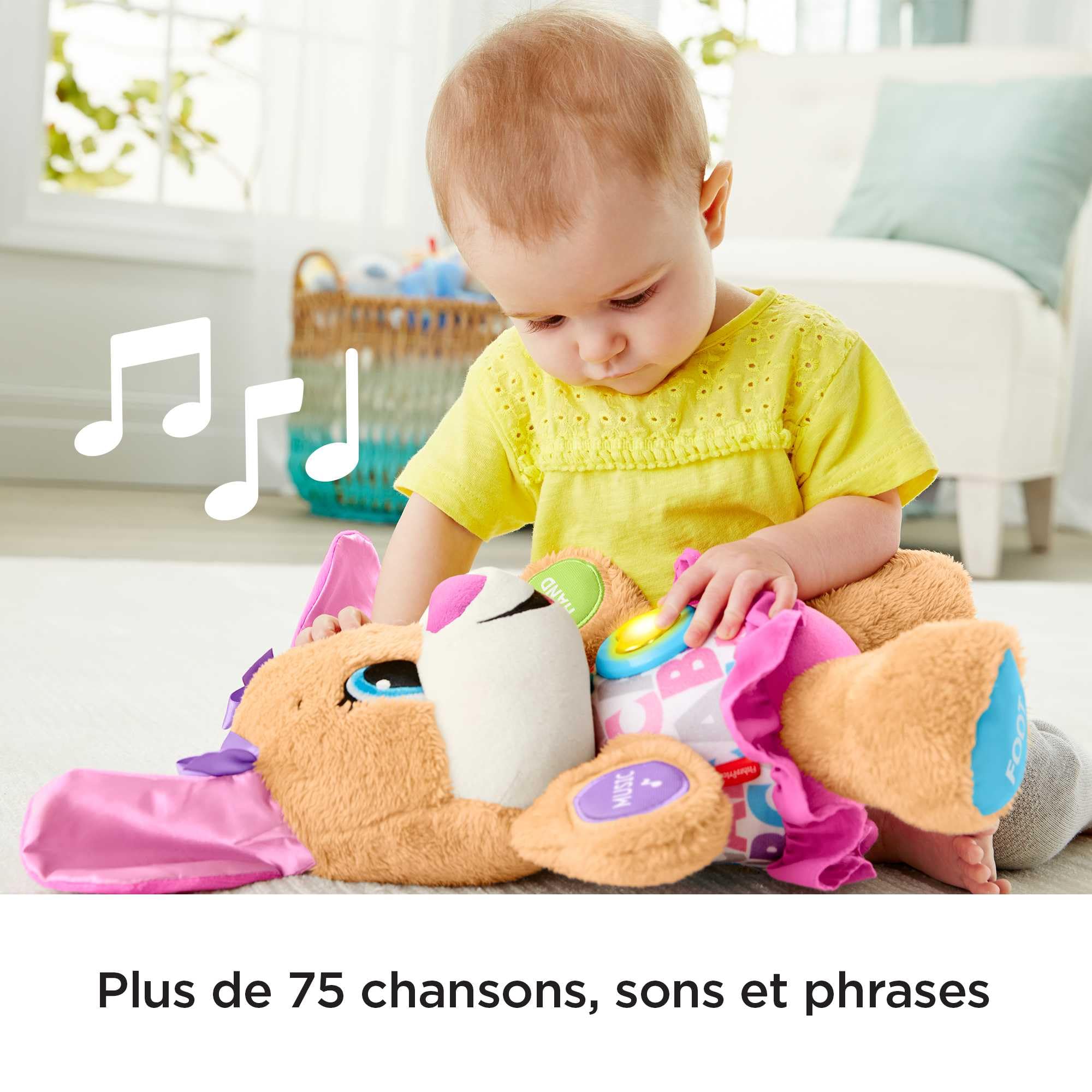 Fisher-Price Peluche Interactive Eveil Progressif Sœur de Puppy, 50+ Chansons, 3 Niveaux, Version Française, 6 Mois+, FPP52