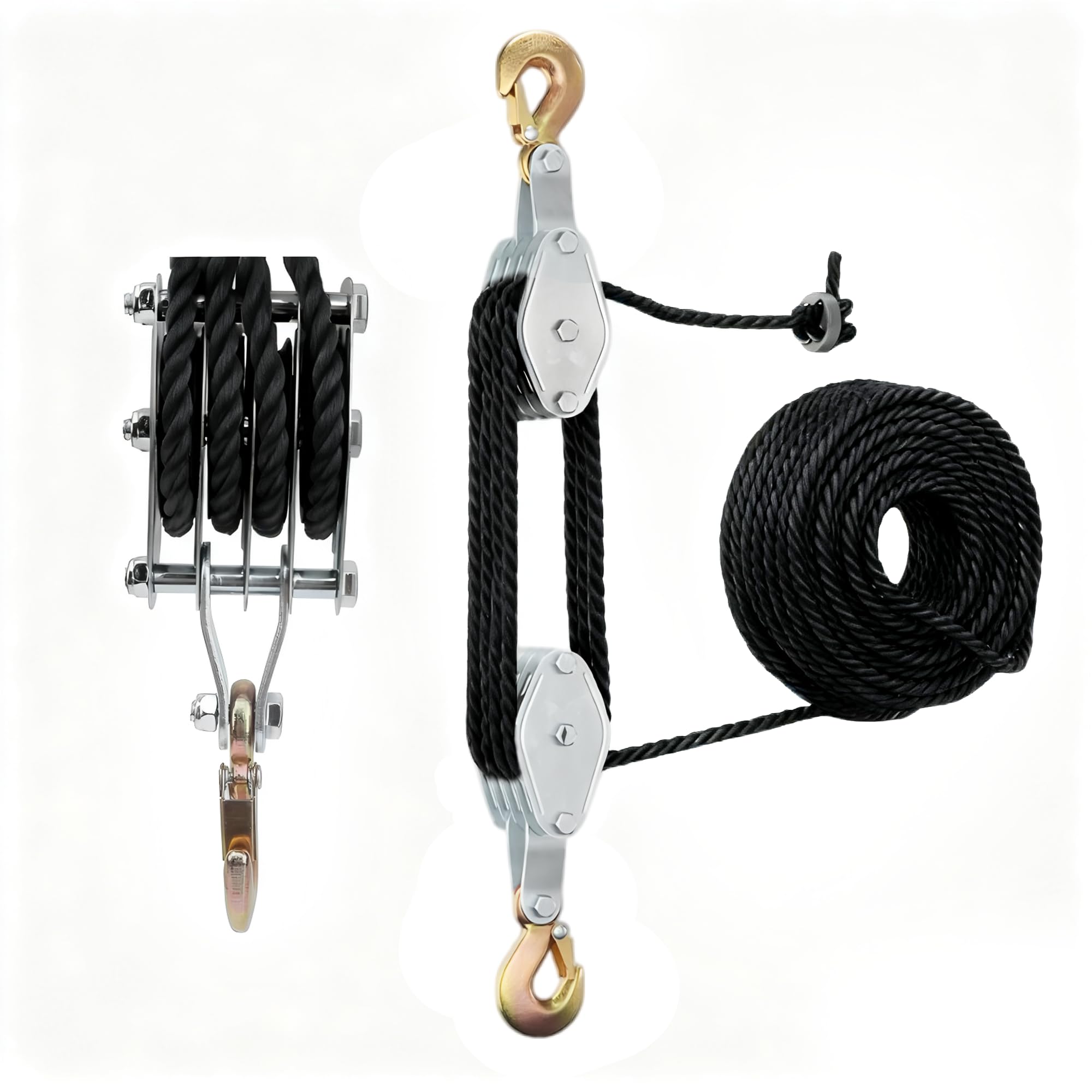 Poulie lourde avec frein à câble en nylon de 20 m : poulie de charge maximale 4400 lb Cordes de levage manuelles économiseur de main-d'œuvre Palan haute performance pour garages, entrepôts (1, argent)