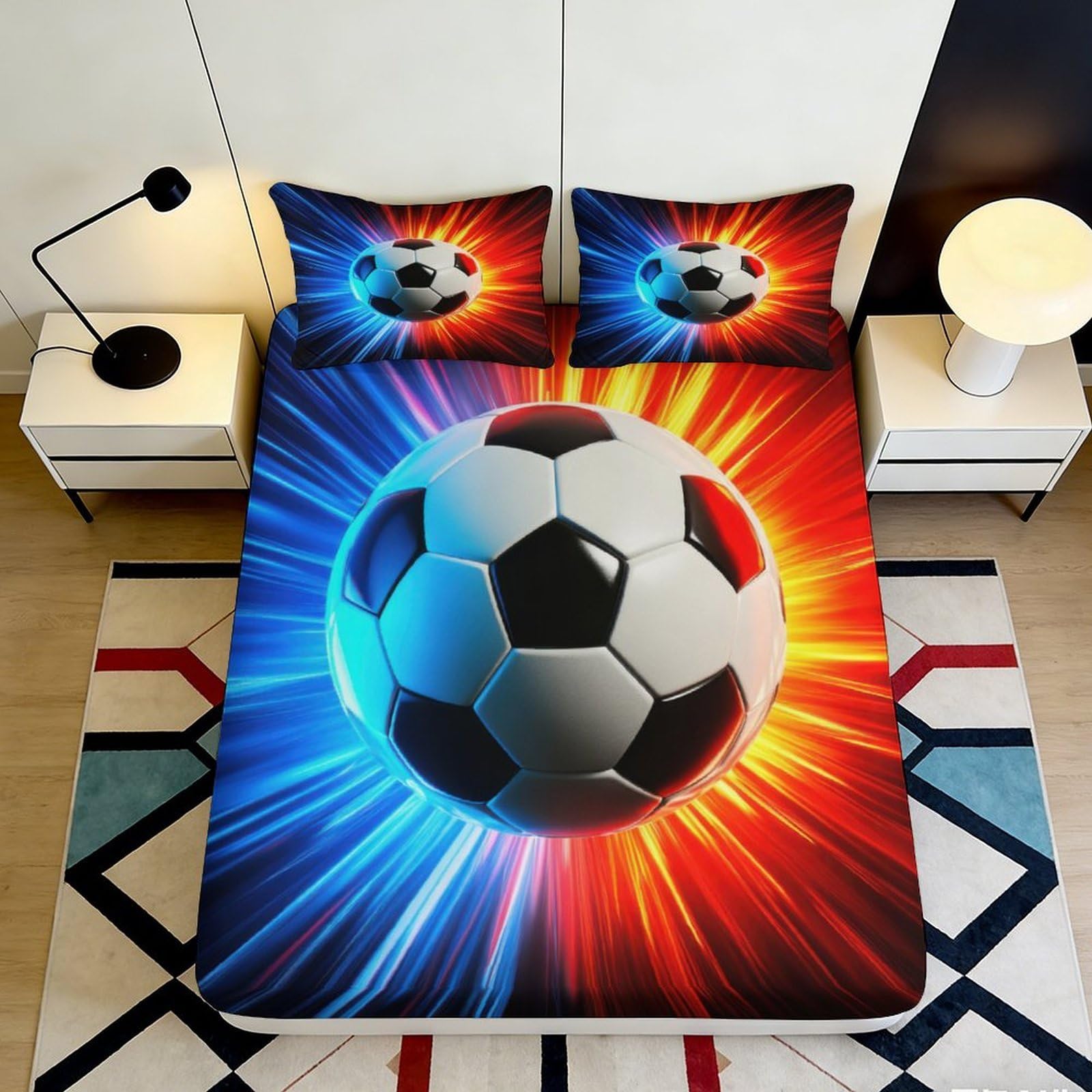 3D Printed Football Fitted Sheet Microfiber Deep Pocket Bedroom Bedding Football Mattress Fitted Cover Elastic Hem Washable for Adults Teenagers 120x200x25cm