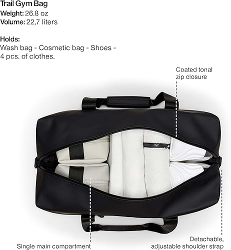 Miniatura 4 de RAINS Trail Gym Bag - Bolsa deportiva impermeable negra para hombres y mujeres con correa para el hombro, asas de transporte y bolsillo de malla