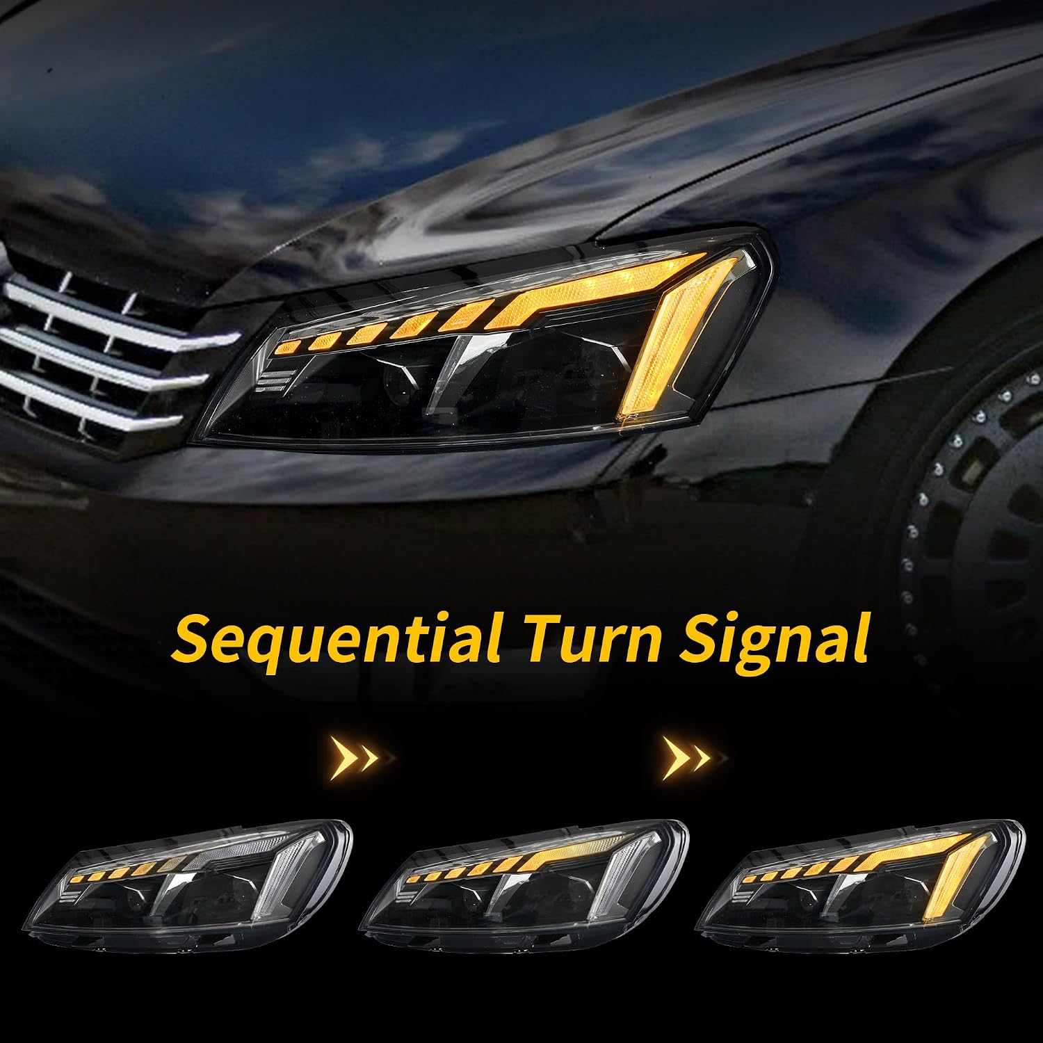 VLAND LED Headlights Fit For 2011-2015 Passat, Projector Headlight, Dynamic DRL and Sequentail Turn Signal