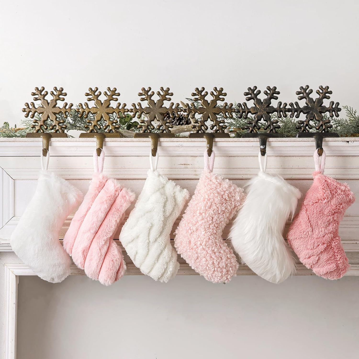Rustic Mini Christmas Stockings, 6 Pack 9 Inch Luxury Thick Plush Faux Fur Stocking, 4 Colors of Peach Pink, Light Pink, Pink & White, Home Décor Party Christmas Decorations Gift for Mantal Fireplace
