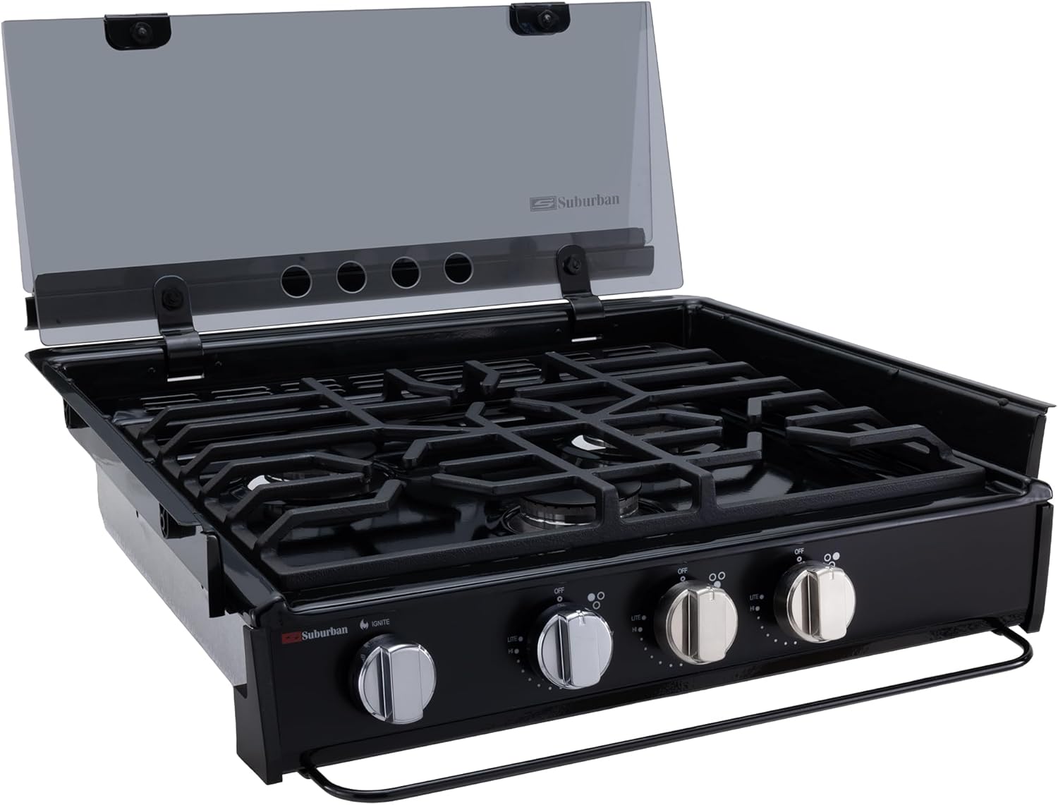 RecPro Suburban RV 3 Burner Propane Gas Cooktop with Glass Cover | Slide-In Design | Piezo Ignition | 9000 BTU Front Burner | 12V DC