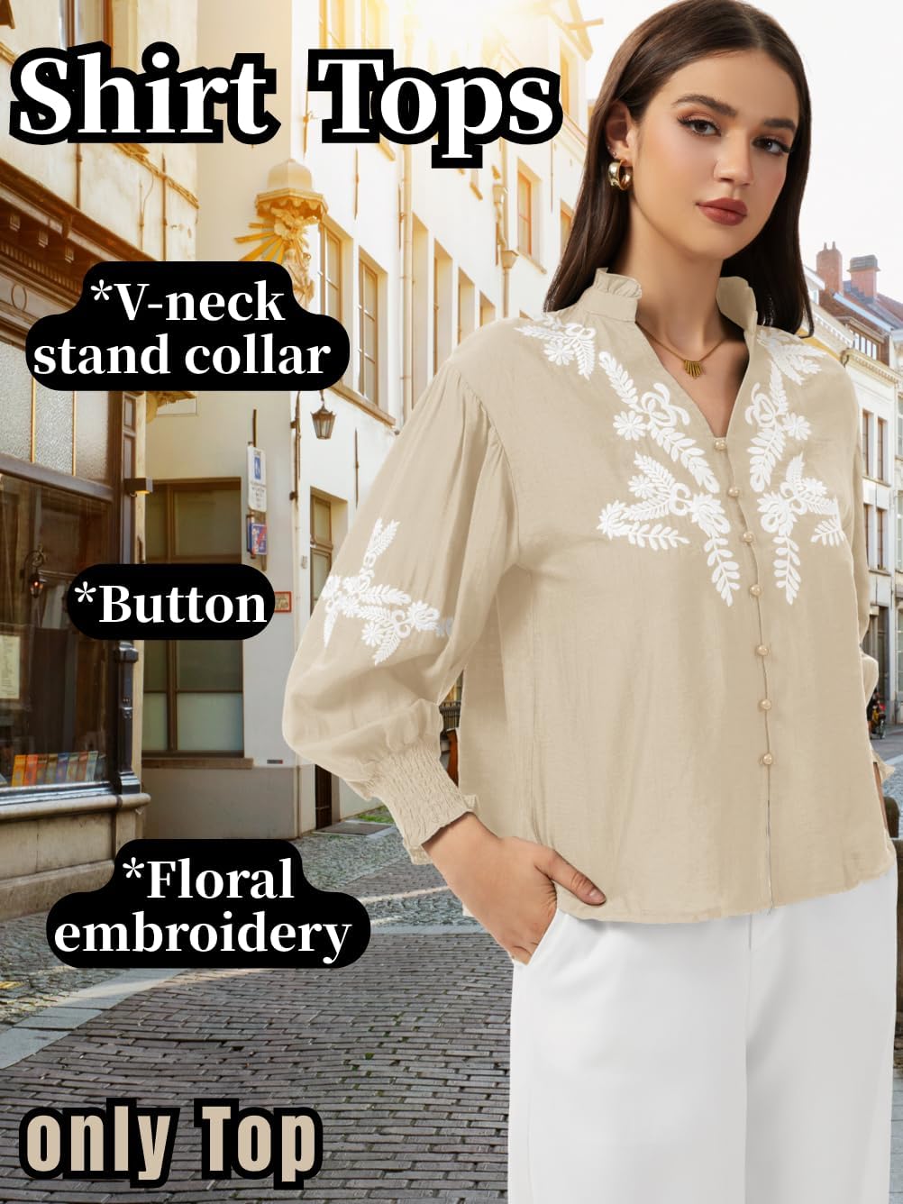 Embroidered Tops for Women, Boho Floral Mexican Blouse, V-Neck Puff Long Sleeve, Button Down Ruched Shirts Casual - Image 4