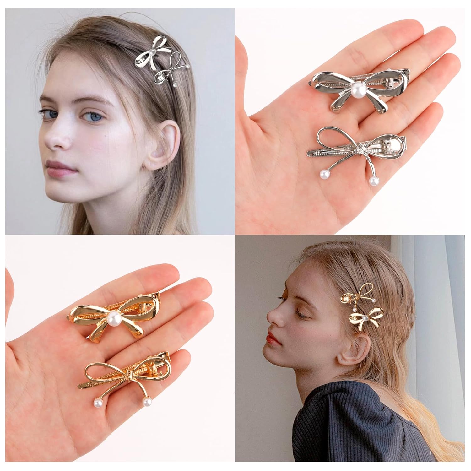 CURASA Metal Pearl Hair Bows For Women Girls 4Pcs Small Sliver Gold Hair Clips Bow Knot Alligator Hair Pins Cute Fashion Hair Accessories For Thick Thin Elegant Hair Barrettes Party Prom Wedding - Image 3