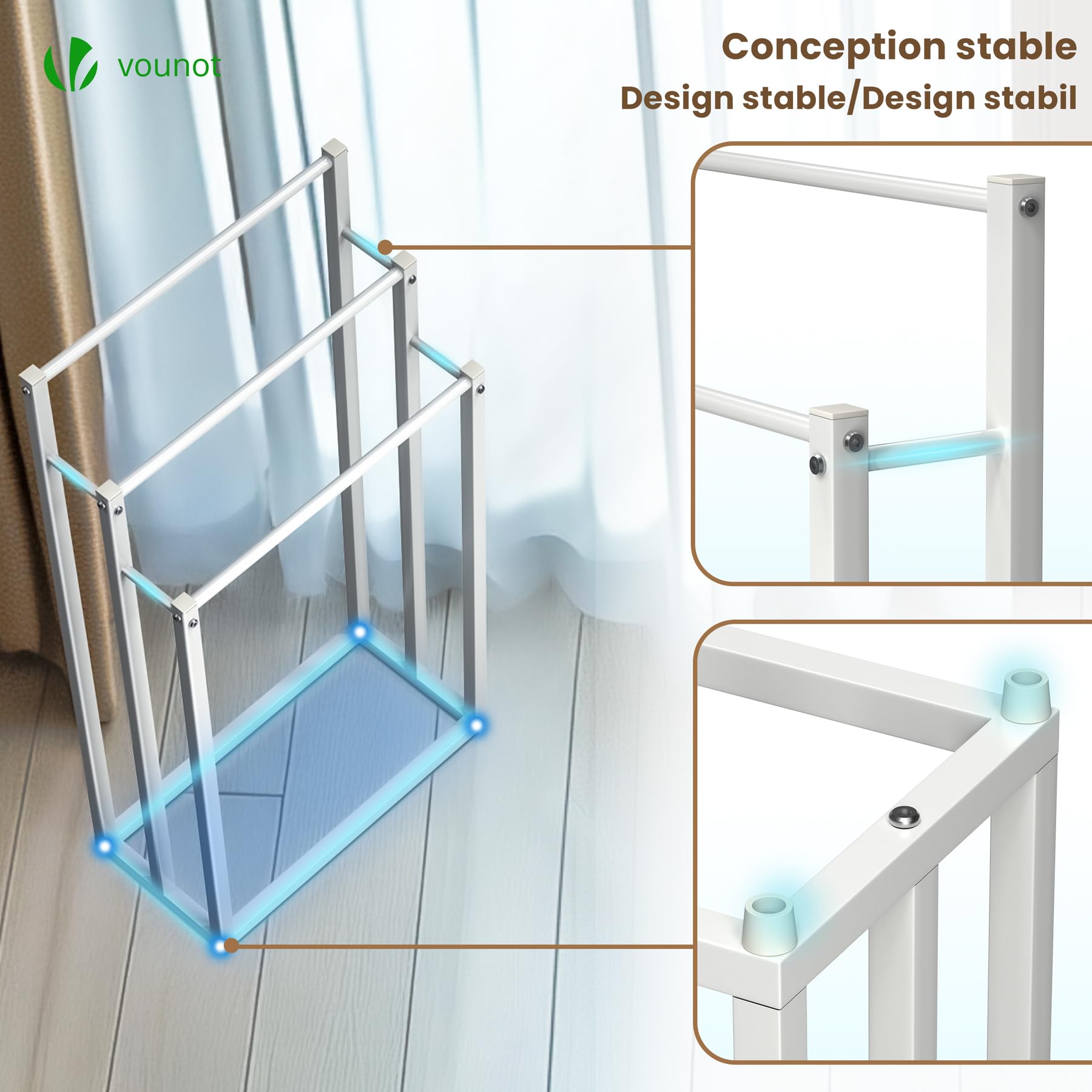 VOUNOT® Porta Asciugamani Bagno da Terra, Portasciugamani Autoportante in Metallo con 3 Bracci, Organizzatore per Bagno, 45x22x86 cm, Bianco