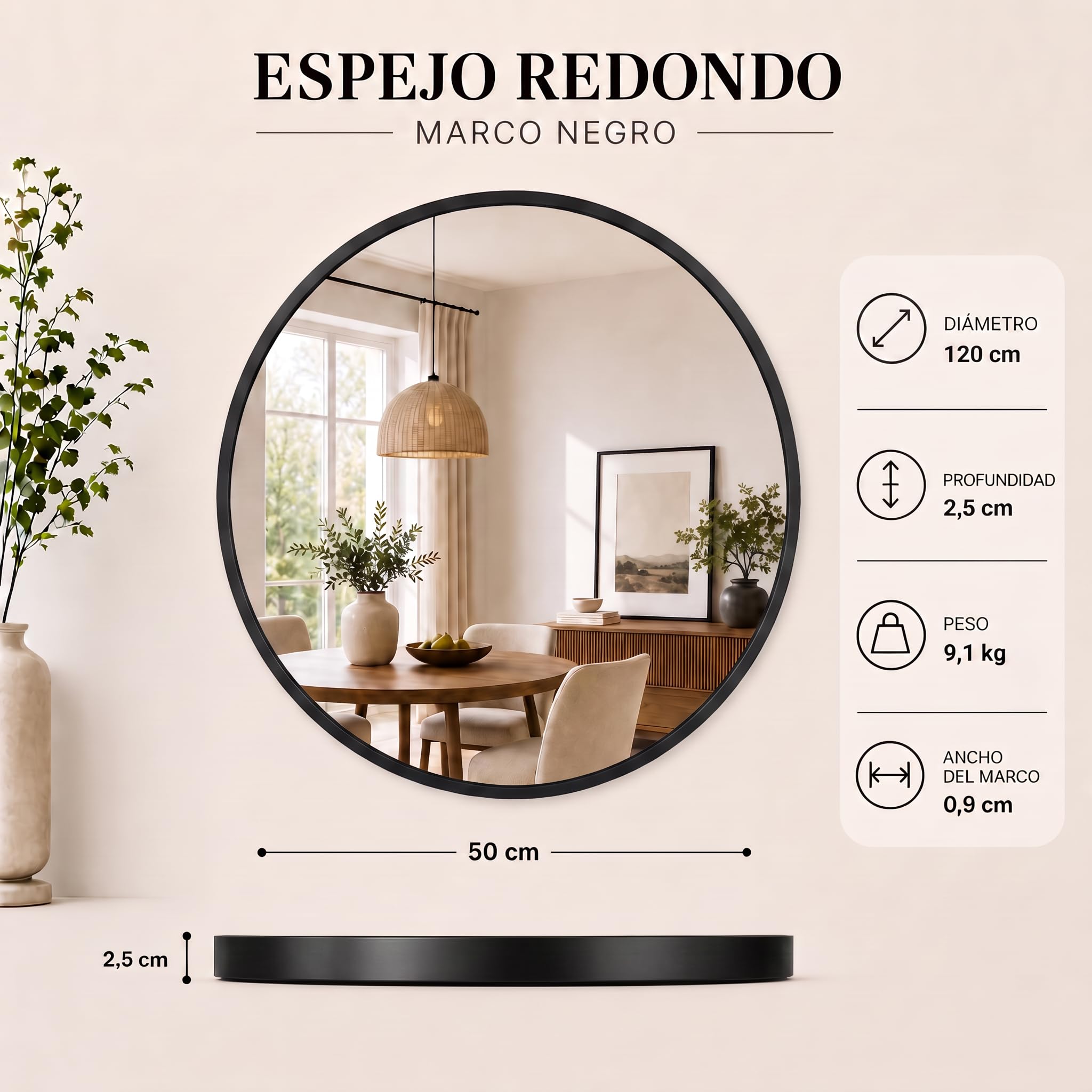 edihome, Espejo Redondo Grande de Pared, Negro 120 cm - Marco de Metal, Decorativo y Colgante, para Baño, Entrada, Recibidor, Pasillo, Dormitorio y Salón