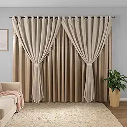 Cortina Sala Quarto Blecaute 2,80m Larg. x 2,50m Alt. Linho Trabalhado, Forro em PVC Blackout 100%, c/Abraçadeiras - Inovi - Castor/Palha