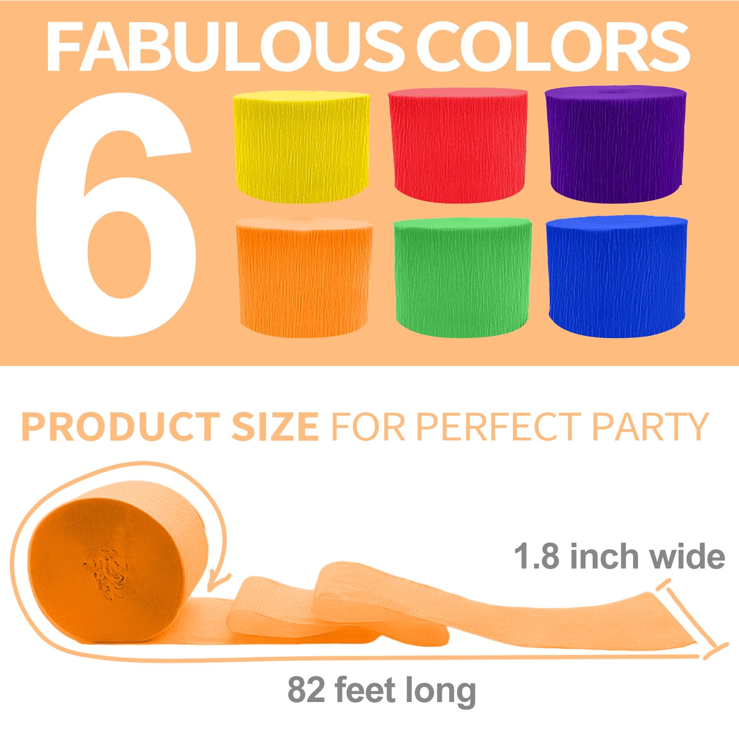 6 Crepe Paper Streamers Rolls, 492ft 6 Colors Rainbow Streamers for Birthday Wedding Bachelorette Party Decorations, DIY Crafts Supplies (1.8 inch x 82 ft/Roll)