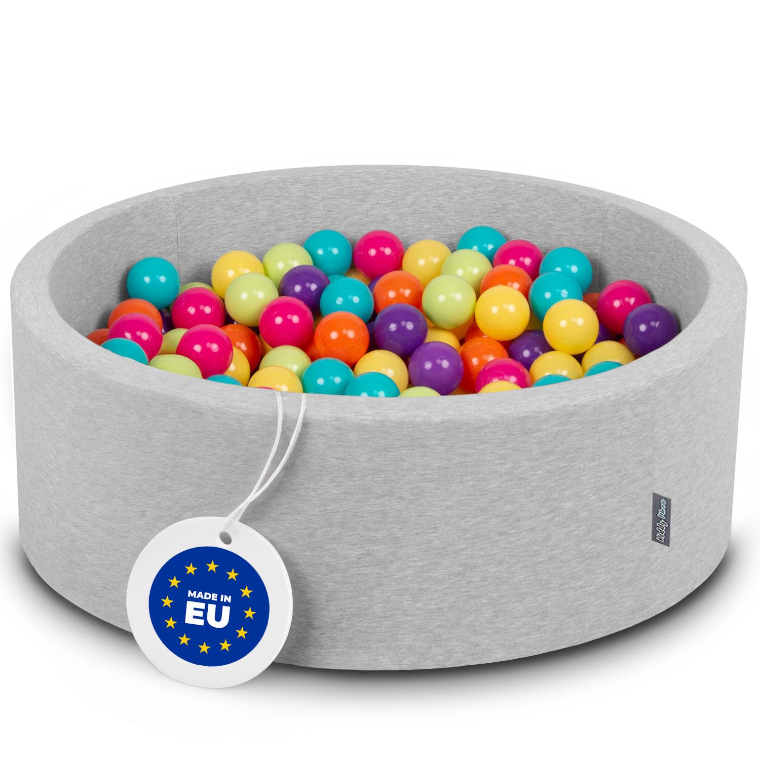 KiddyMoon 90X30cm/300 Balls ∅ 7Cm / 2.75In Baby Foam Ball Pit Made In EU, L.Grey:L.Green/Yellw/Turquois/Orange/D.Pink/Purple — image 1