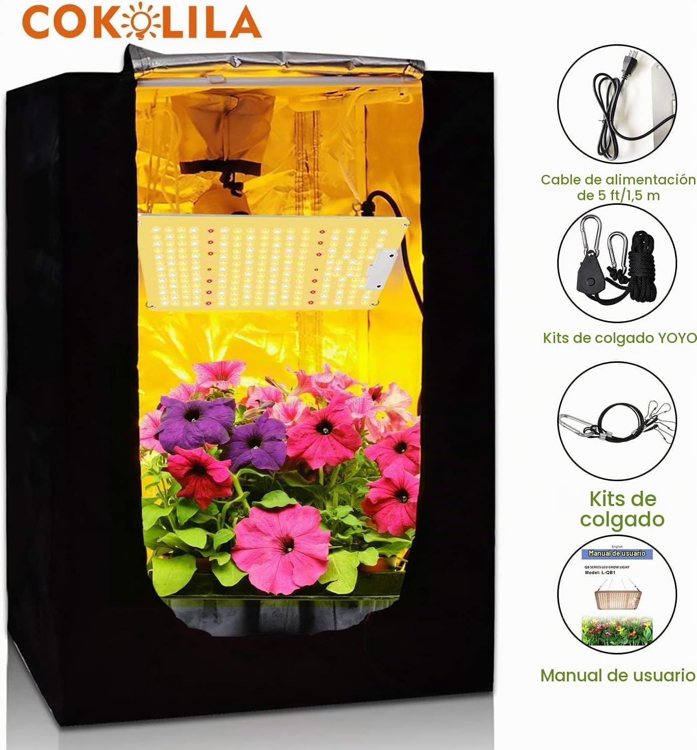 COKOLILA LZB1000 Lámpara de Cultivo LED, Espectro Completo Regulable 222 LED SMD con Luz IR para Plantas de Interior, Ideal para Tienda de Cultivo 90x90cm, Vegetación y Floración