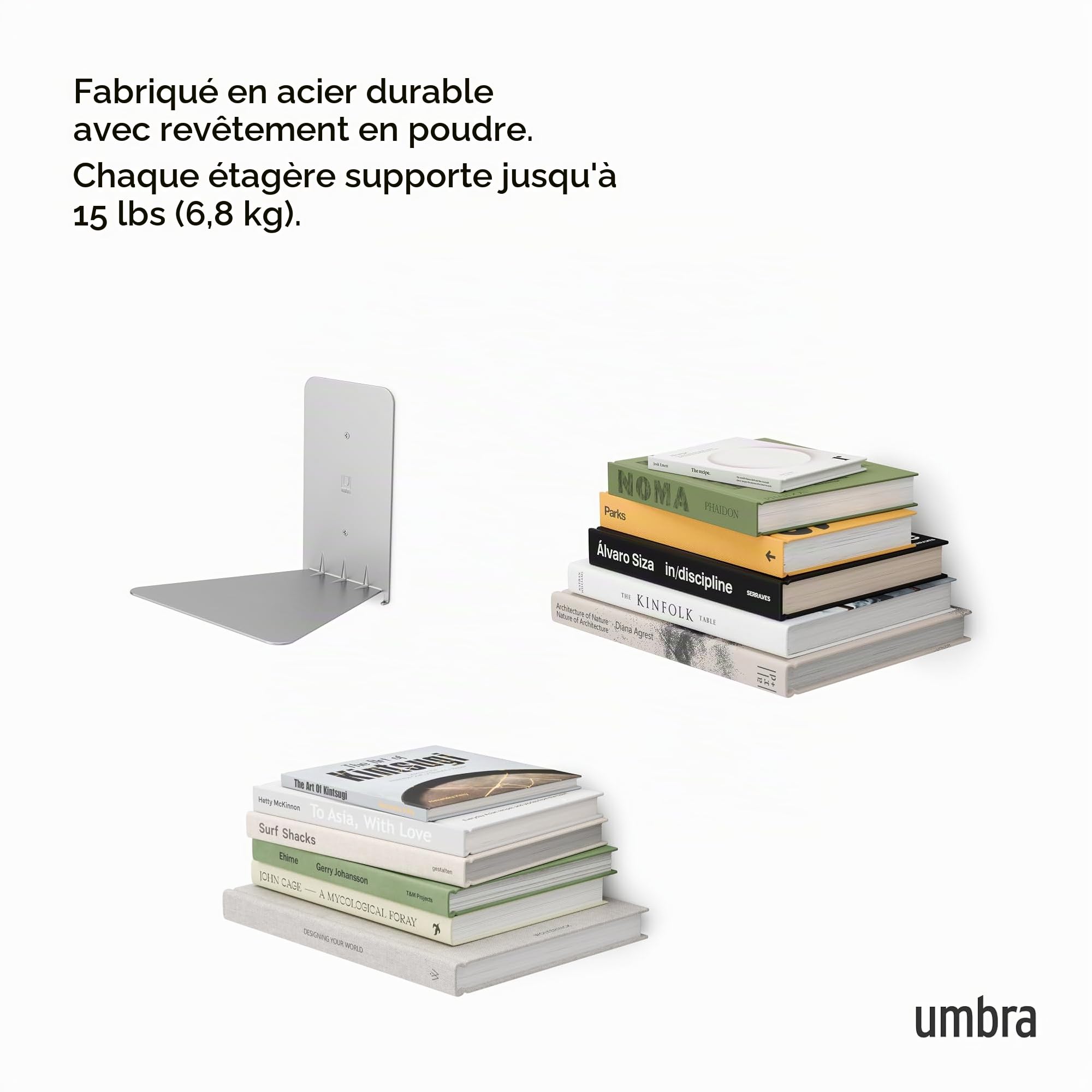 Umbra Conceal Shelf x3 Small. Lot de 3 Petites Etagères Invisibles Conceal, en métal argenté. Entièrement Invisibles Une Fois chargées de Livres. Dimension de Chaque étagère 14x13.3x13.3cm
