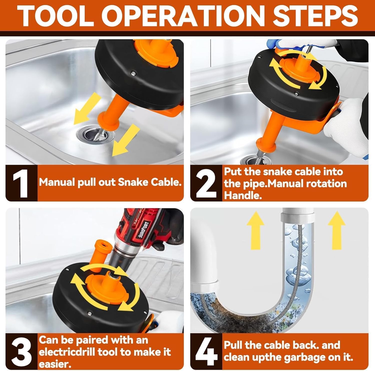 NBYTLT 42Ft Drain Auger, Drain Snake with Drill Bit Adapter and Flexible Hose, with Gloves and Storage Bag, Manual Dual-use Plumbing Snake Suitable for Kitchen, Bathroom — view 7
