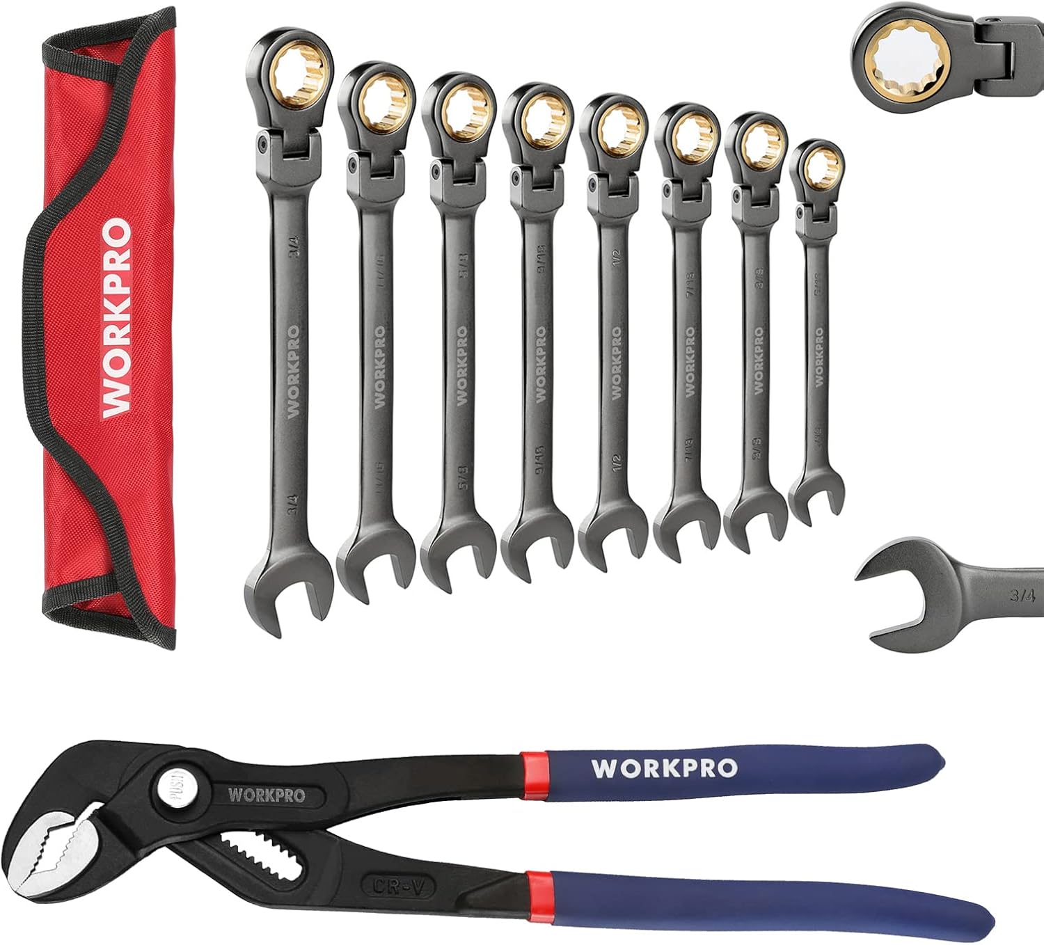 WORKPRO 8-Piece Flex-Head Ratcheting Combination Wrench Set, SAE 12-Inch Groove Joint Pliers, Fast Adjust Tongue and Groove Pliers