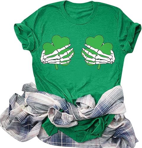 Women Casual Fashion Shirt St. Patrick's Day Dwarf Printing Shirt Round Neck Short Sleeve Tee Tops Casual Shirts