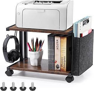 Printer Stand with Storage Bag Under Desk Printer Table on Wheels 2 Tier Small Desktop Rolling Stand Shelf for Fax Machine Scanner Files (Brown)