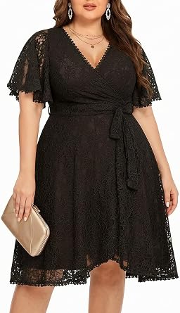 Plus Size Dresses for Wedding Guest - Women Cocktail Graduation Lace V Neck Knee Length Dress
