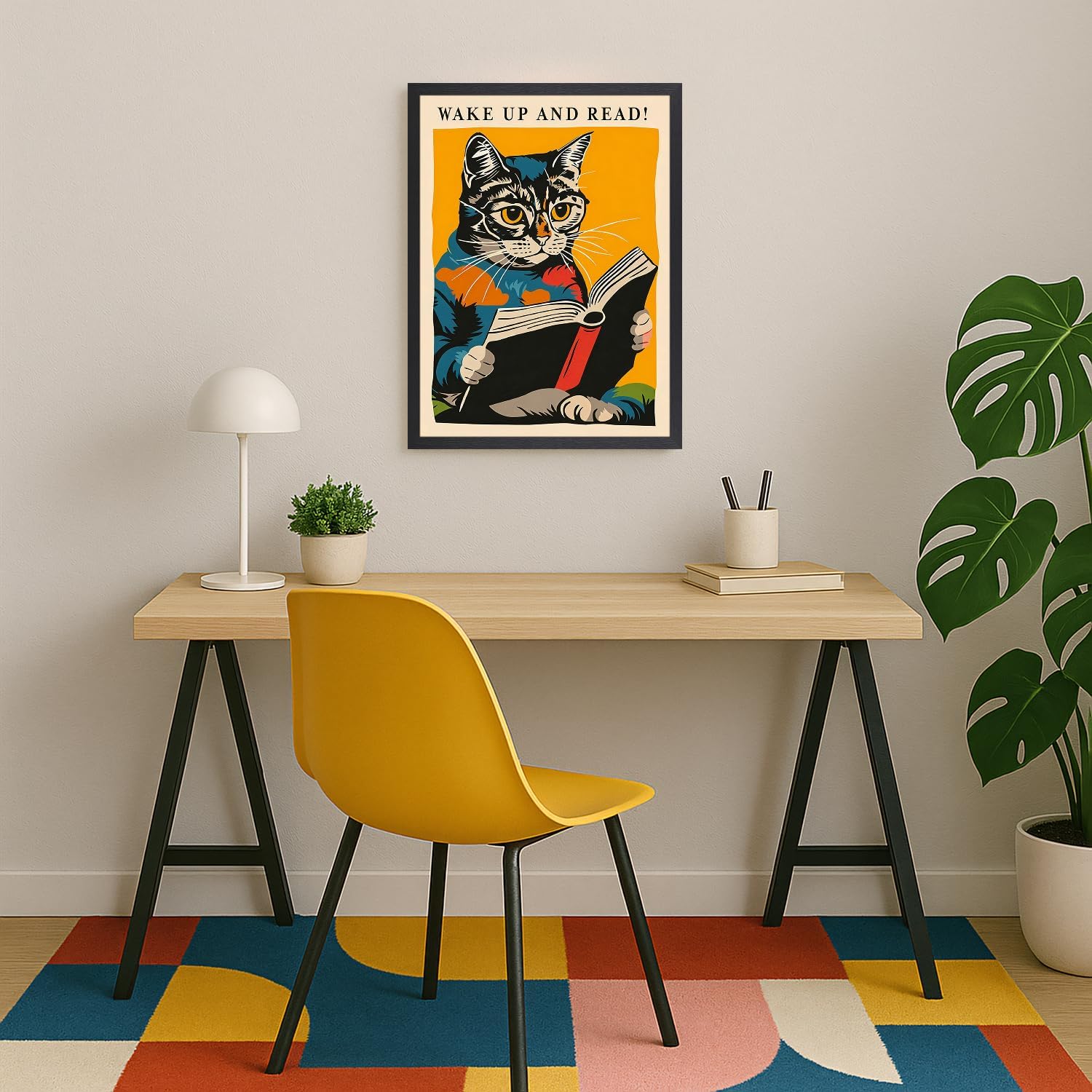 kilamino Wood Framed Funny Classroom Wall Art, Wake Up and Read Cat Wall Decor, Vintage Cute Animal Poster Print, Funny Reading Cat Canvas Painting for Library Classroom Bedroom School Office 12"x16"