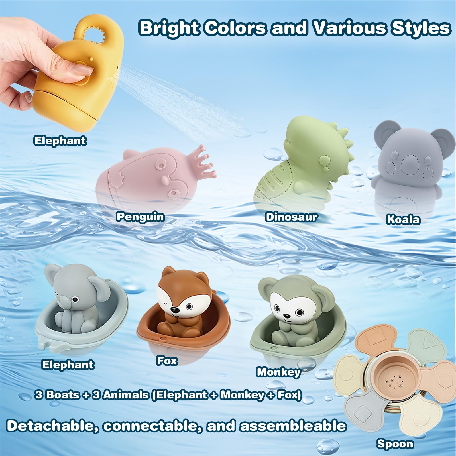 Jouet Bain Bébé, Lot de 16 Jouets de Bain Aspergeurs en Silicone, Jeux de Bain Bebe Animaux, Jouets pour Plage ou Plein Air, Jouets Empilables Enfant Jeux Educatif 1 2 3 Ans, Idéal Cadeaux pour Bébé