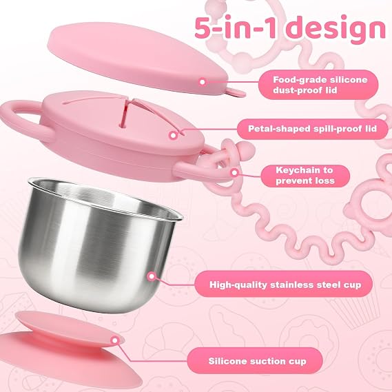 Palksky Toddler Snack Cups Stainless Steel for Kids, 2 Pack 5-in-1 Snackle Containers with Spill-Proof Silicone Lids,Handles,Suction Base,Anti-Loss Tether, Baby Snack Box No-Spill for On-the-Go,Travel