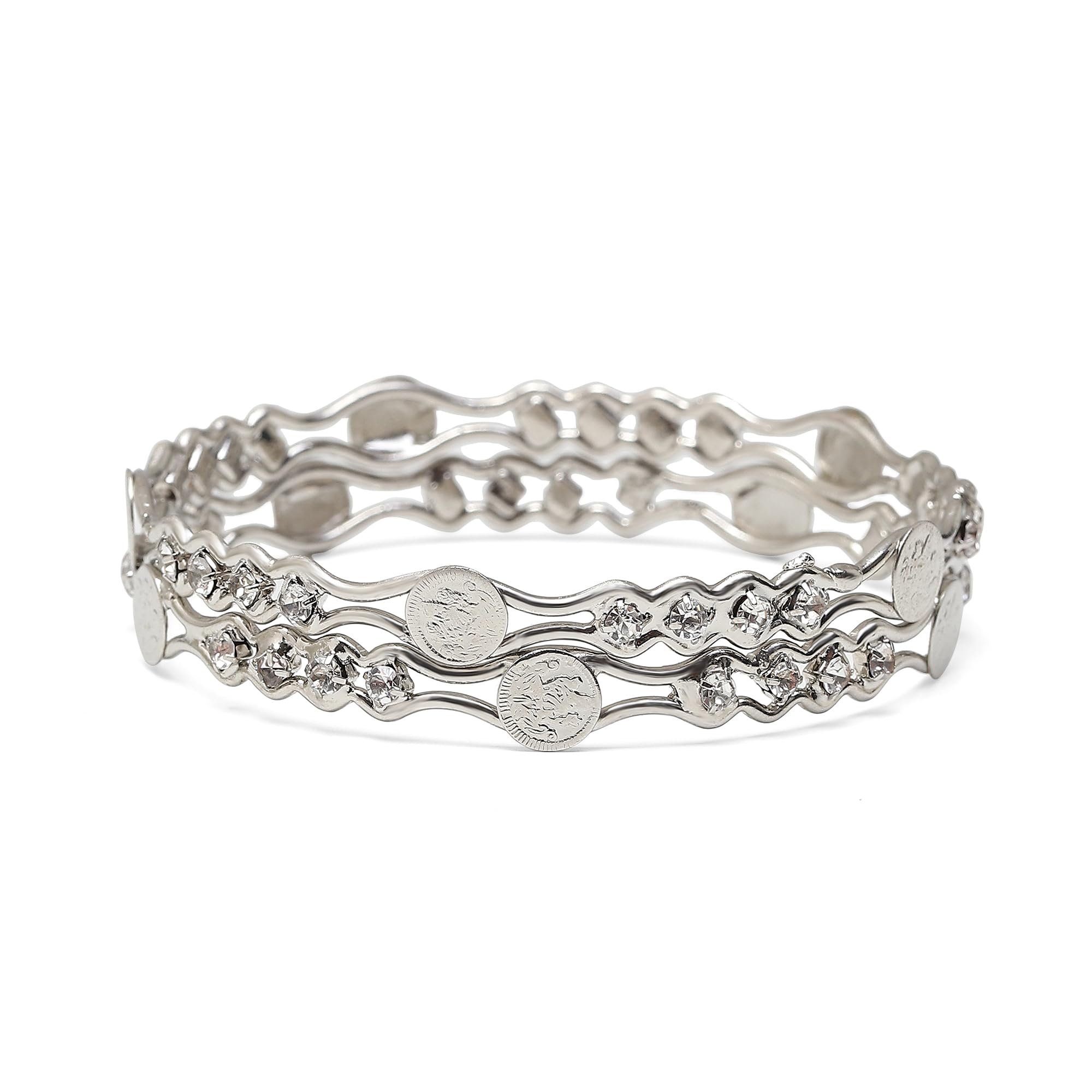 Rose Gold-Plated American Diamond Temple Coin Bangles Set (Silver)